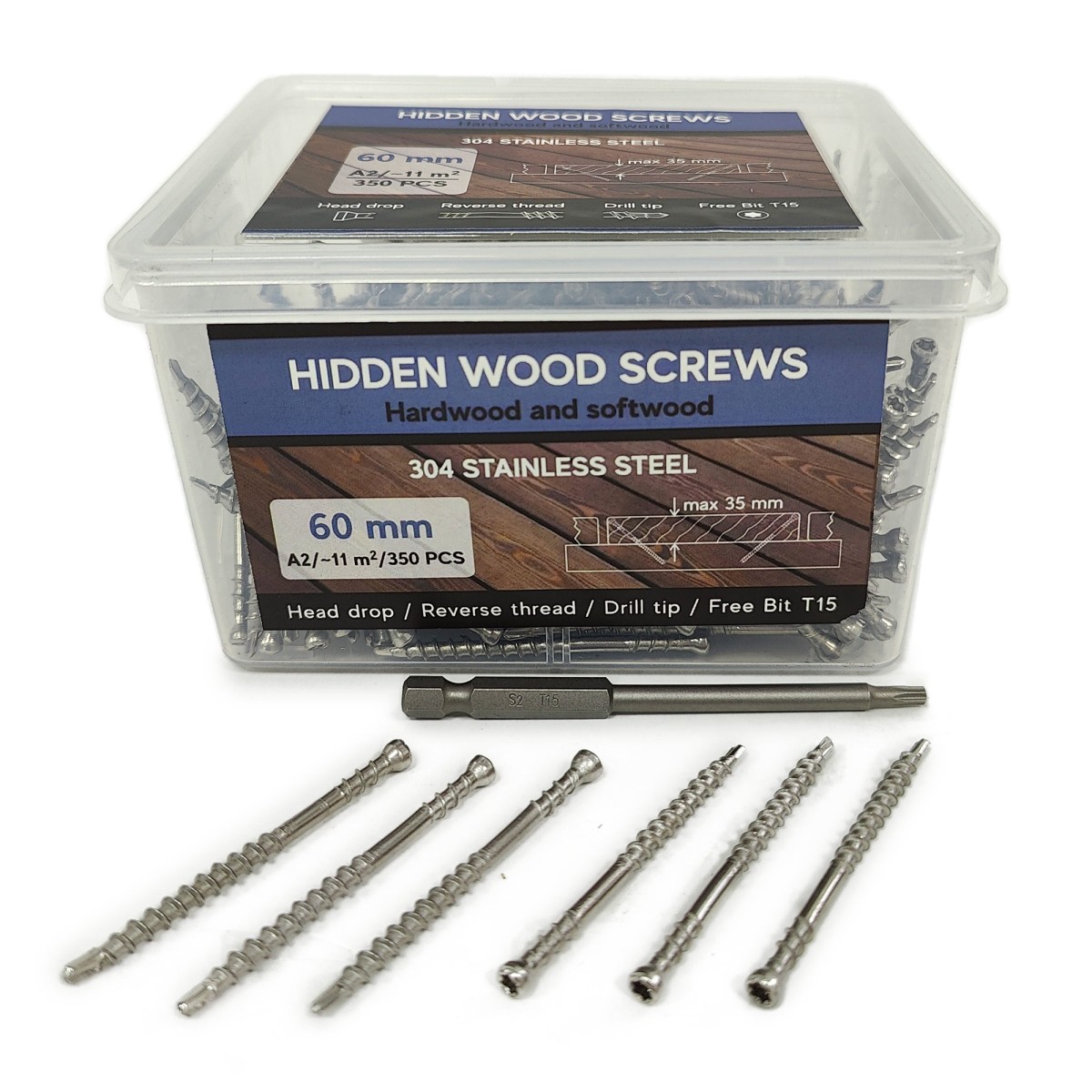 Упаковка саморезов (скрытый крепеж) Hidden Wood Screws А2 60мм 350шт/уп, серый