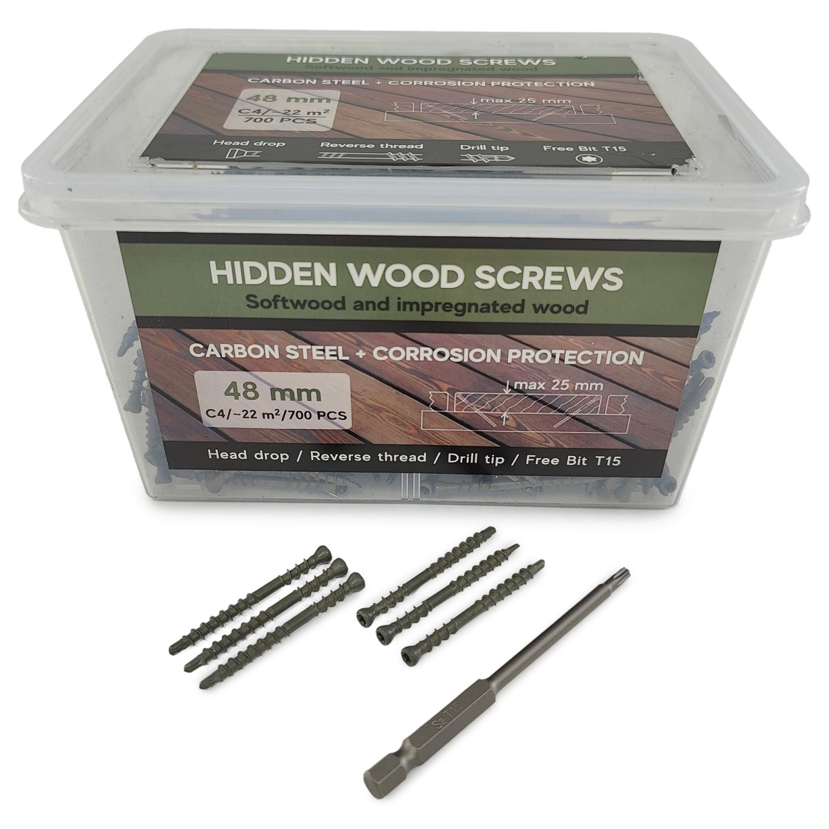 Упаковка саморезов (скрытый крепеж) Hidden Wood Screws С4 48мм 700шт/уп, серый