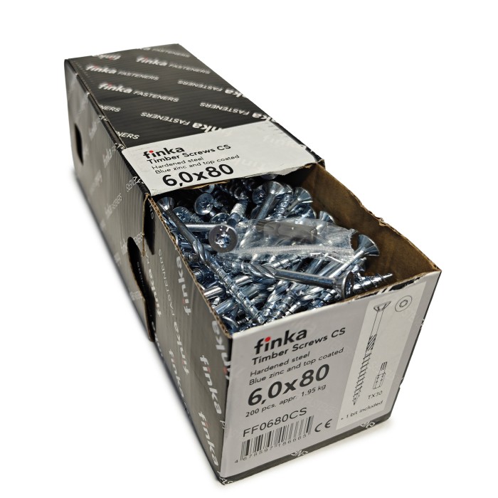 Упаковка шурупов конструкционных Finka Timber Screws CS 6.0x80TX30 голубой цинк, потай 200шт/уп купить в Санкт-Петербурге