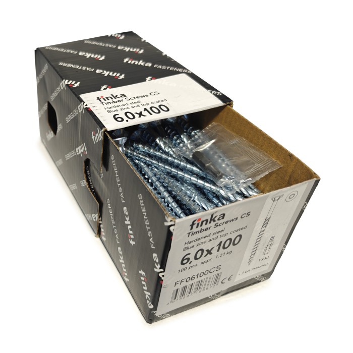 Упаковка шурупов конструкционных Finka Timber Screws CS 6.0x100TX30 голубой цинк, потай 100шт/уп купить в Санкт-Петербурге