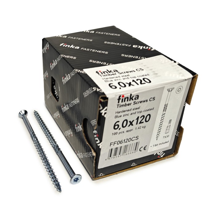 Упаковка шурупов конструкционных Finka Timber Screws CS 6.0x120TX30 голубой цинк, потай 100шт/уп купить в Санкт-Петербурге