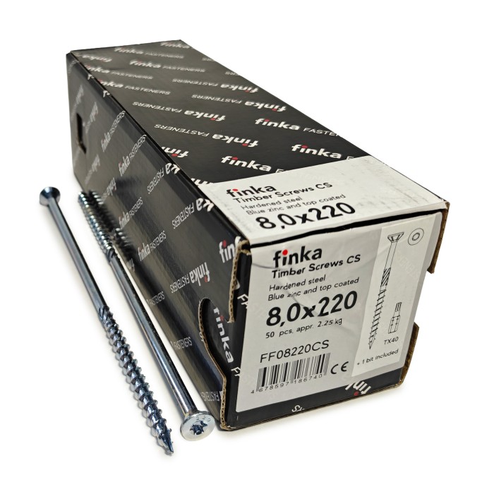 Упаковка шурупов конструкционных Finka Timber Screws CS 8.0x220TX40 голубой цинк, потай 50шт/уп купить в Санкт-Петербурге