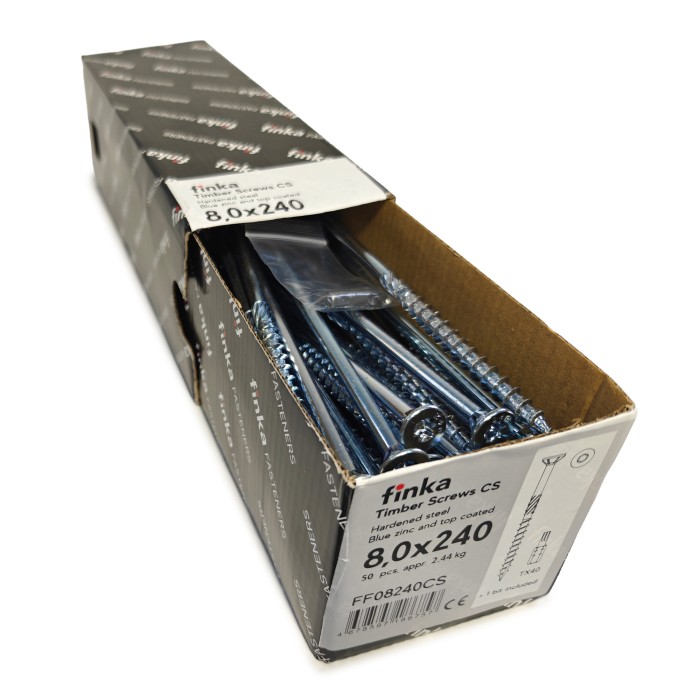 Упаковка шурупов конструкционных Finka Timber Screws CS 8.0x240TX40 голубой цинк, потай 50шт/уп купить в Санкт-Петербурге
