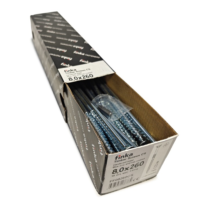 Упаковка шурупов конструкционных Finka Timber Screws CS 8.0x260TX40 голубой цинк, потай 50шт/уп купить в Санкт-Петербурге