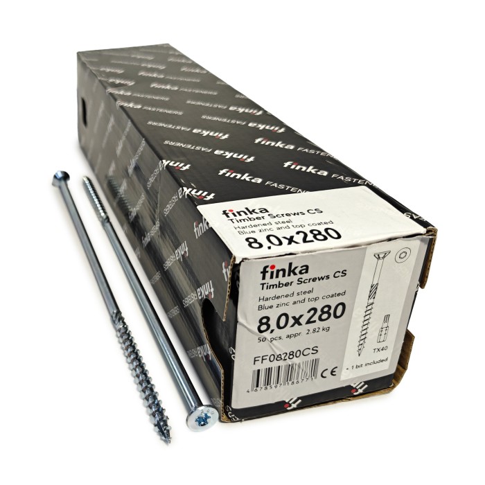 Упаковка шурупов конструкционных Finka Timber Screws CS 8.0x280TX40 голубой цинк, потай 50шт/уп купить в Санкт-Петербурге