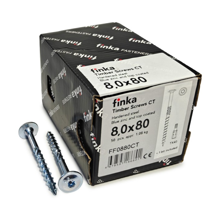 Упаковка шурупов конструкционных Finka Timber Screws CT 8.0x80TX40 голубой цинк, тарелка 50шт/уп купить в Санкт-Петербурге