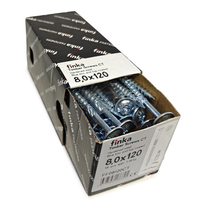 Упаковка шурупов конструкционных FINKA Timber Screws CT TX40 8.0х120 голубой цинк тарелка 50шт/уп купить в Санкт-Петербурге