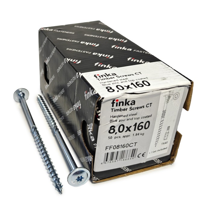 Упаковка шурупов конструкционных Finka Timber Screws CT 8.0x160TX40 голубой цинк, тарелка 50шт/уп купить в Санкт-Петербурге