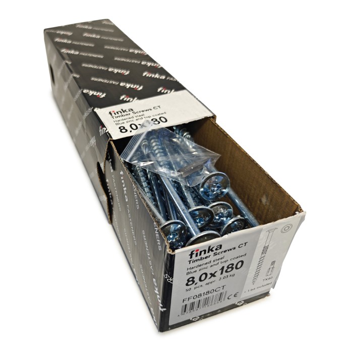 Упаковка шурупов конструкционных Finka Timber Screws CT 8.0x180TX40 голубой цинк, тарелка 50шт/уп купить в Санкт-Петербурге