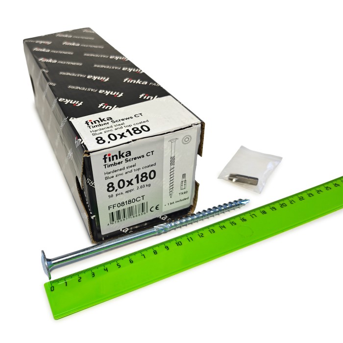 Упаковка шурупов конструкционных Finka Timber Screws CT 8.0x180TX40 голубой цинк, тарелка 50шт/уп купить в Санкт-Петербурге