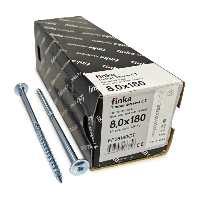 Упаковка шурупов конструкционных Finka Timber Screws CT 8.0x180TX40 голубой цинк, тарелка 50шт/уп купить в Санкт-Петербурге