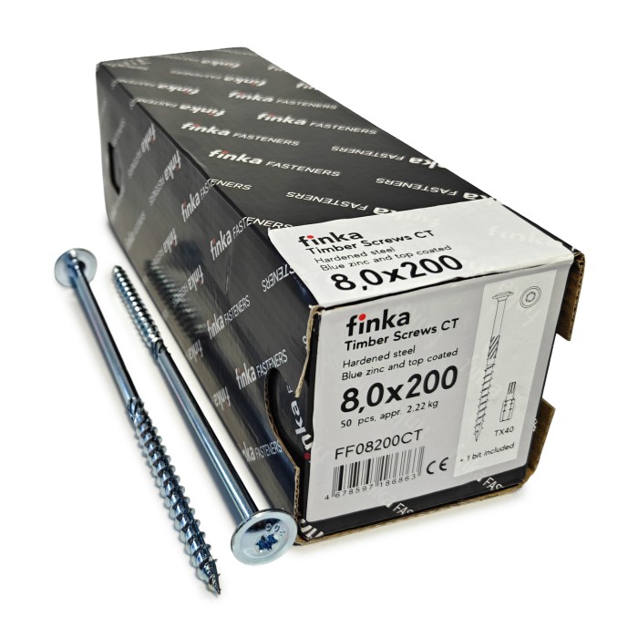 Упаковка шурупов конструкционных Finka Timber Screws CT 8.0x200TX40 голубой цинк, тарелка 50шт/уп купить в Санкт-Петербурге