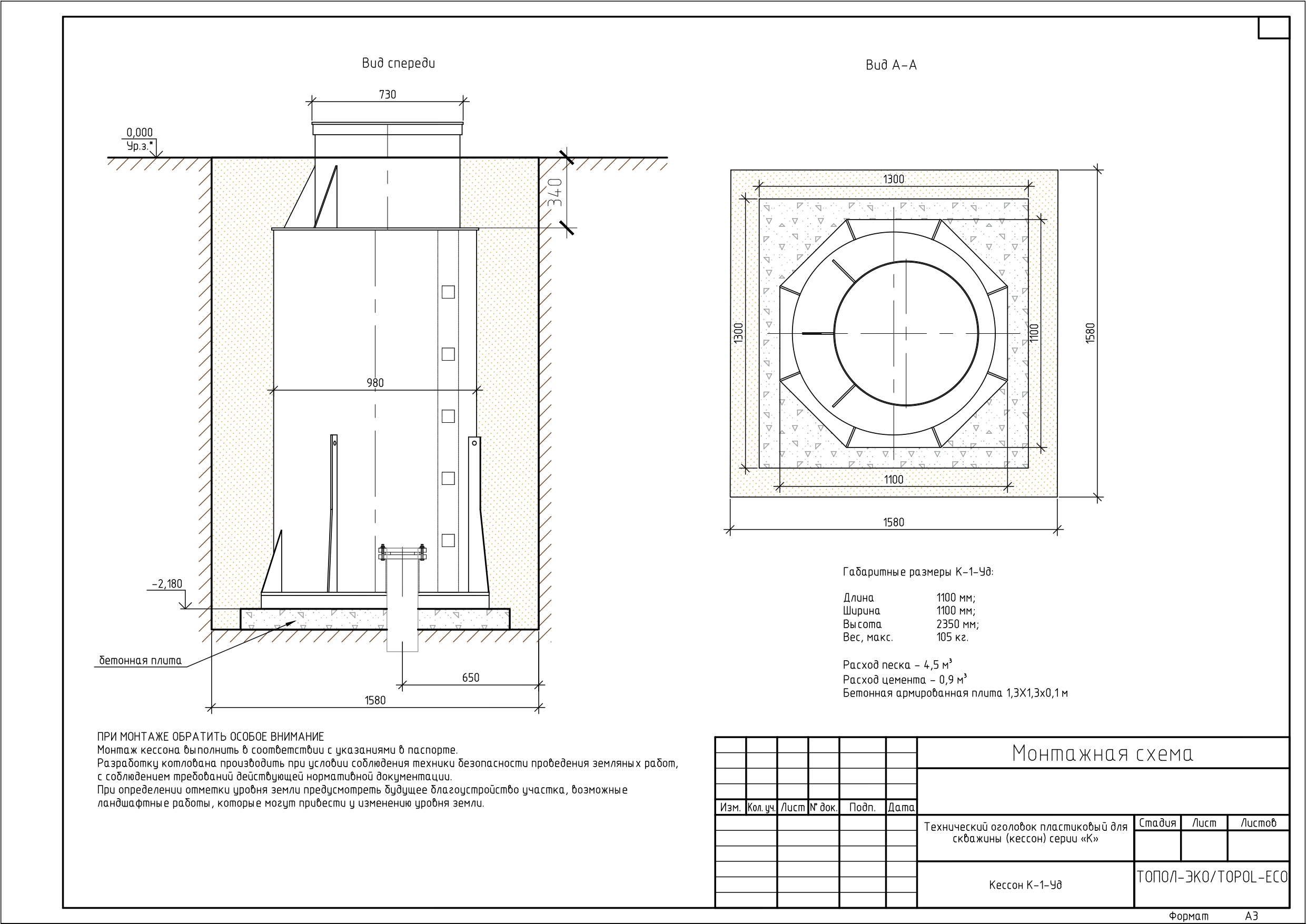 Кессон ТОПОЛ-ЭКО К-1 удл (муфта 140-150) 1100х1100х2350мм