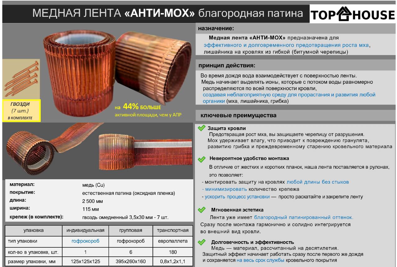 Кровельная медная лента для защиты от мха 2.5м TOP HOUSE купить в Санкт-Петербурге