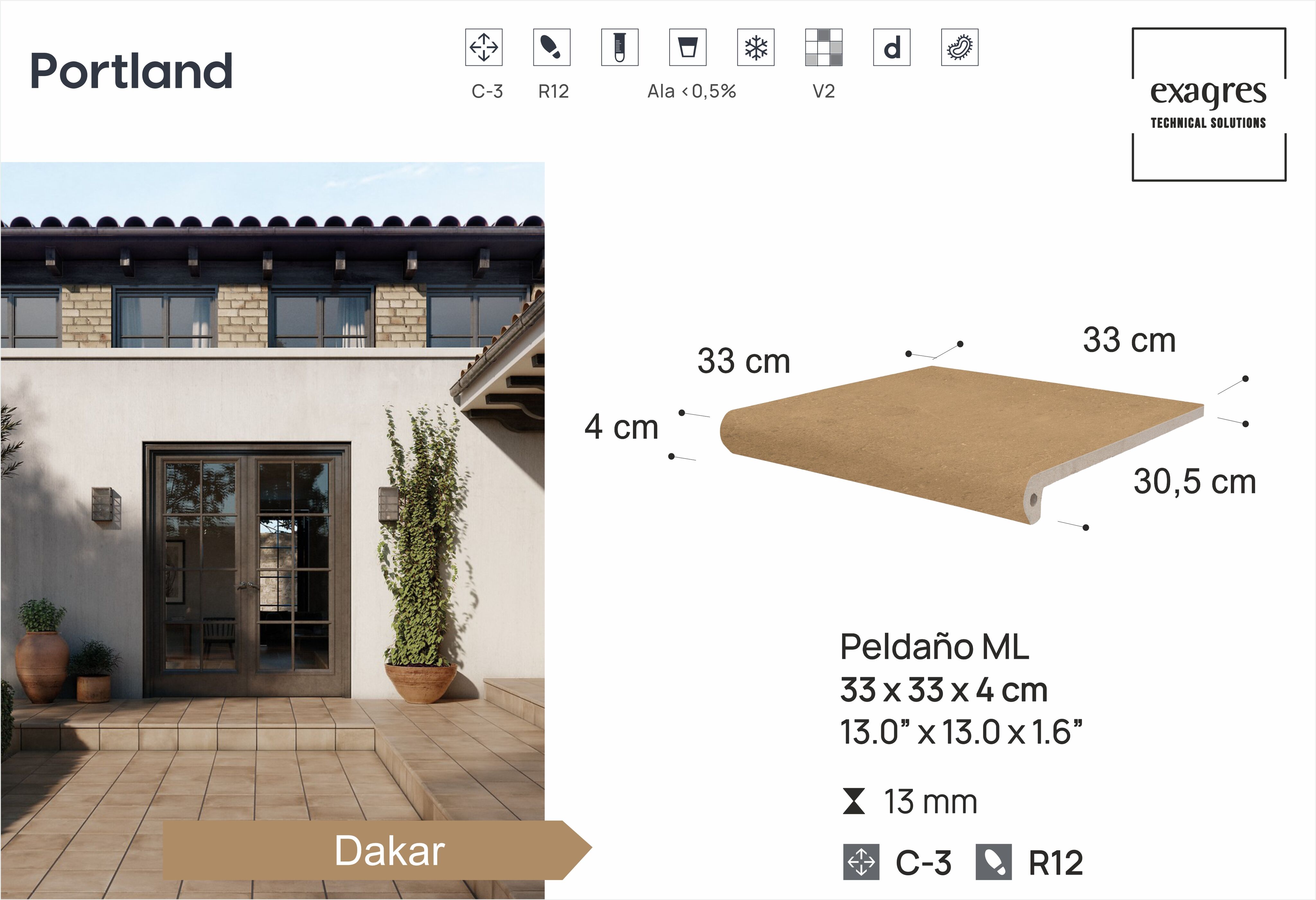 Ступень фронтальная Peldano Florentino Portland Dakar 33х33х1.3 антислип 4шт/упак Exagres купить в Санкт-Петербурге