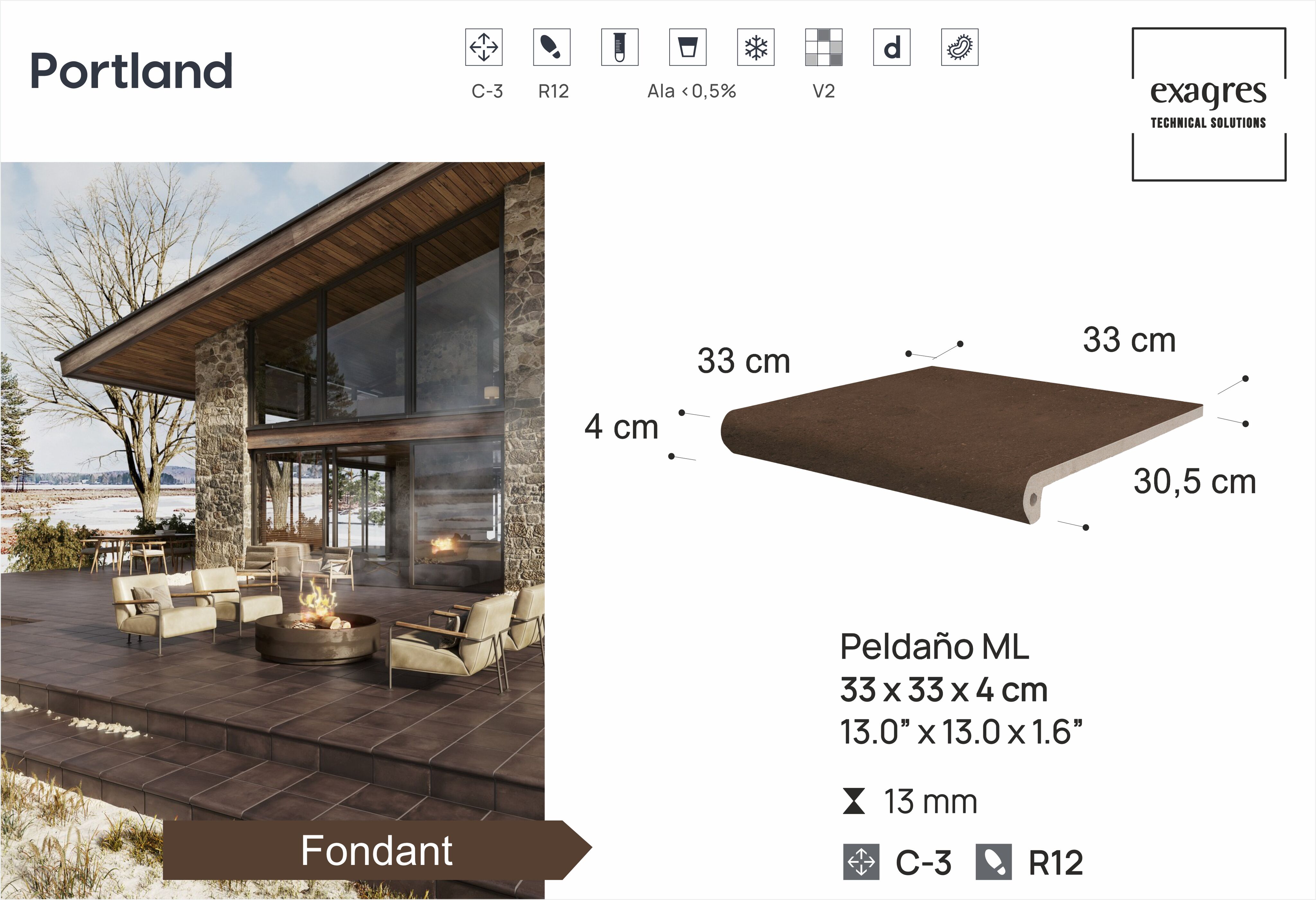 Ступень фронтальная Peldano Florentino Portland Fondant 33х33х1.3 антислип Exagres купить в Санкт-Петербурге