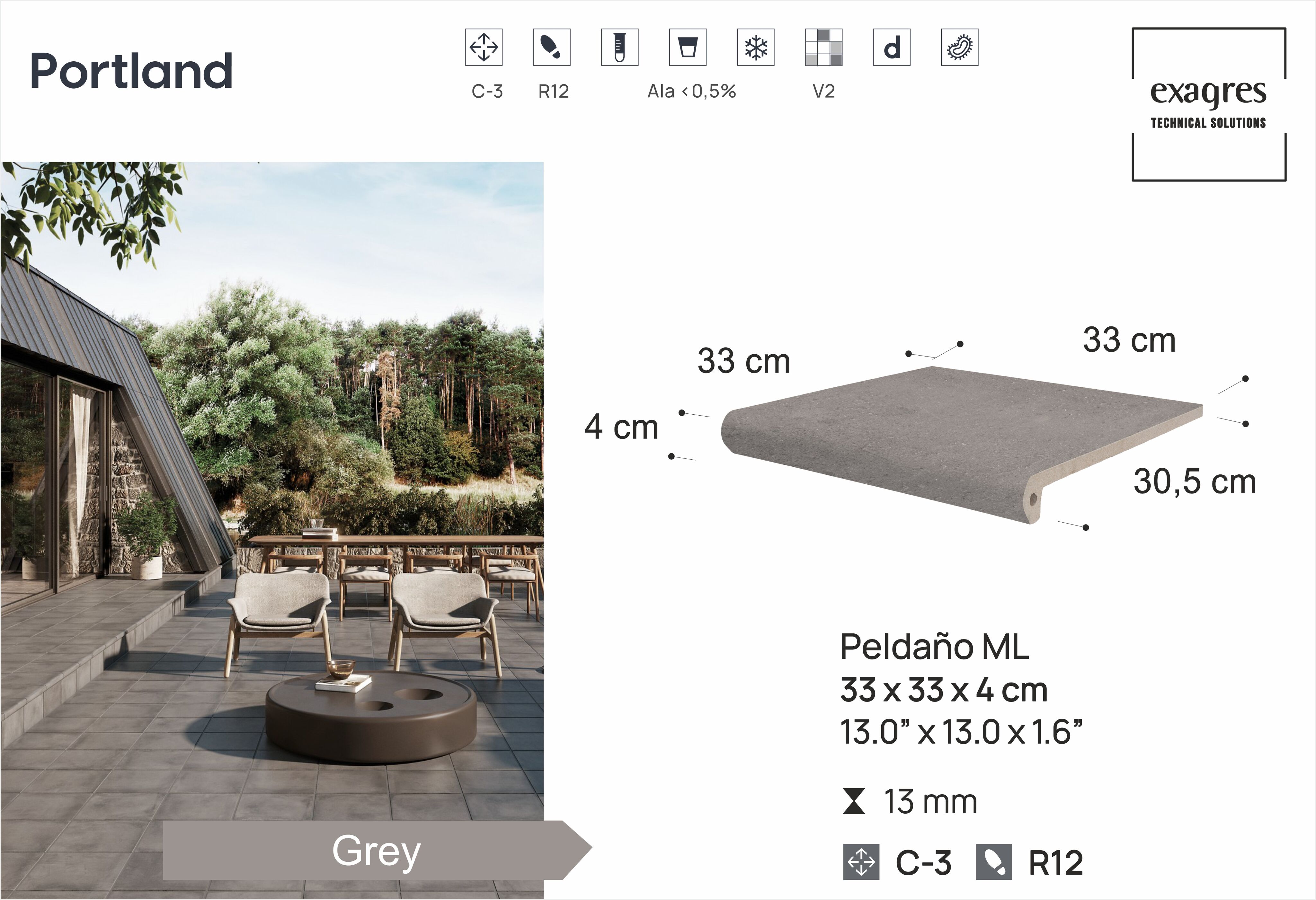 Ступень фронтальная Peldano Florentino Portland Grey 33х33х1.3 антислип 4шт/упак Exagres купить в Санкт-Петербурге