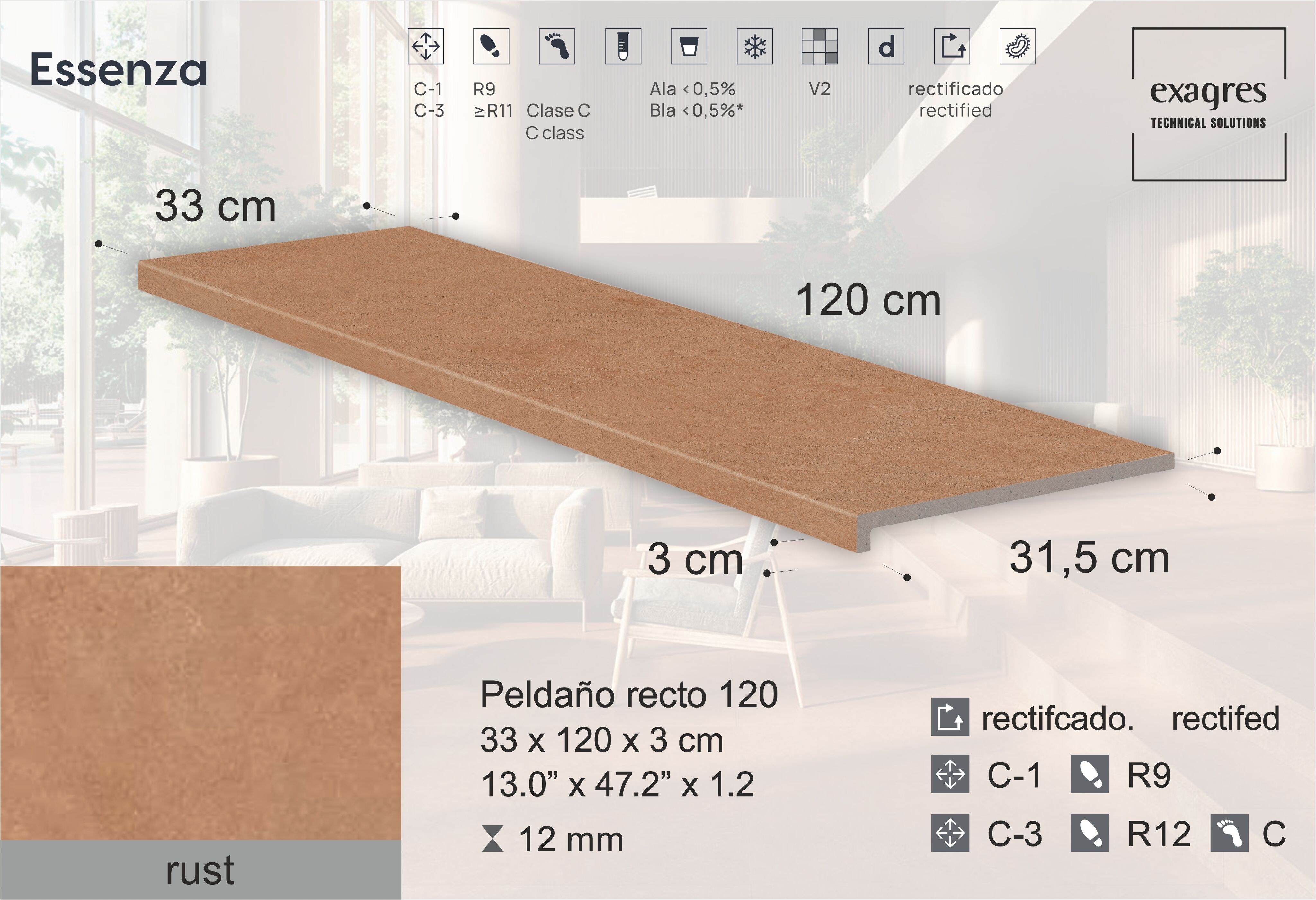 Ступень фронтальная Peldano Recto Essenza Rust С3 33х120х1.2см антислип 2шт/уп Exagres купить в Санкт-Петербурге