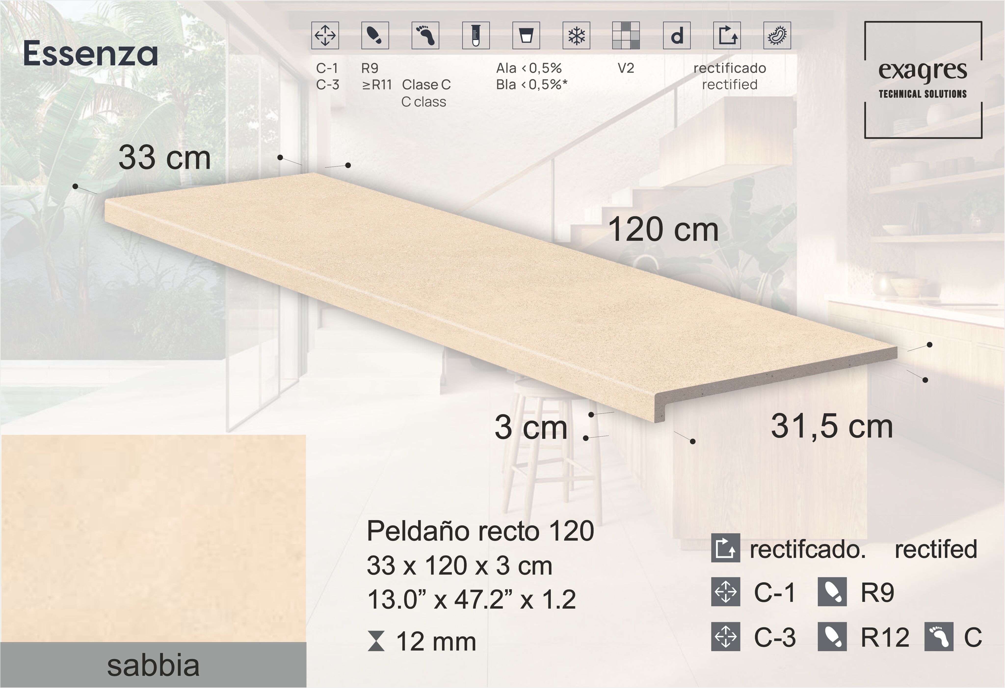 Ступень фронтальная Peldano Recto Essenza Sabbia С3 33х120х1.2см антислип 2шт/уп Exagres купить в Санкт-Петербурге