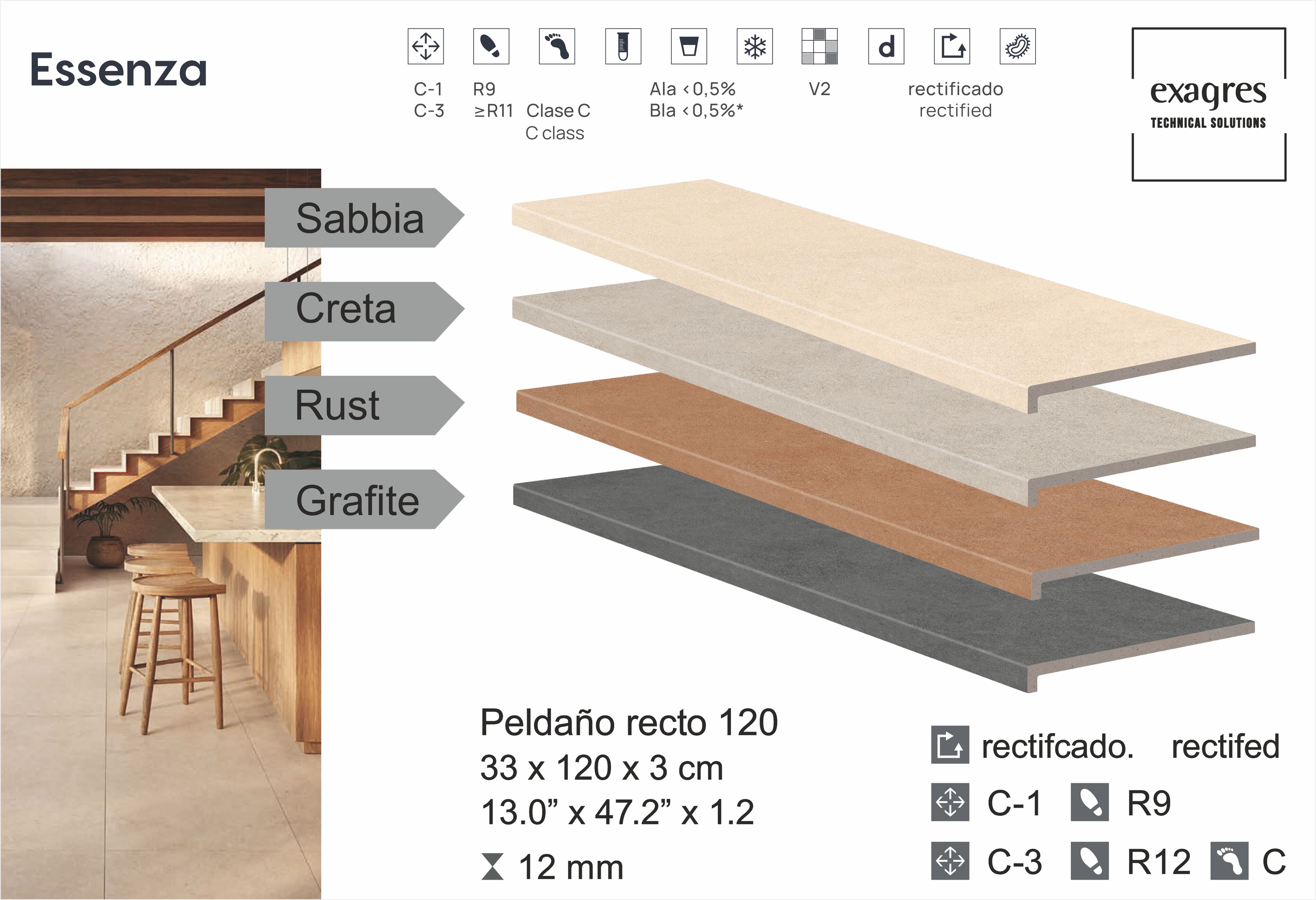 Ступень фронтальная Peldano Recto Essenza Creta С3 33х120х1.2см антислип 2шт/уп Exagres купить в Санкт-Петербурге