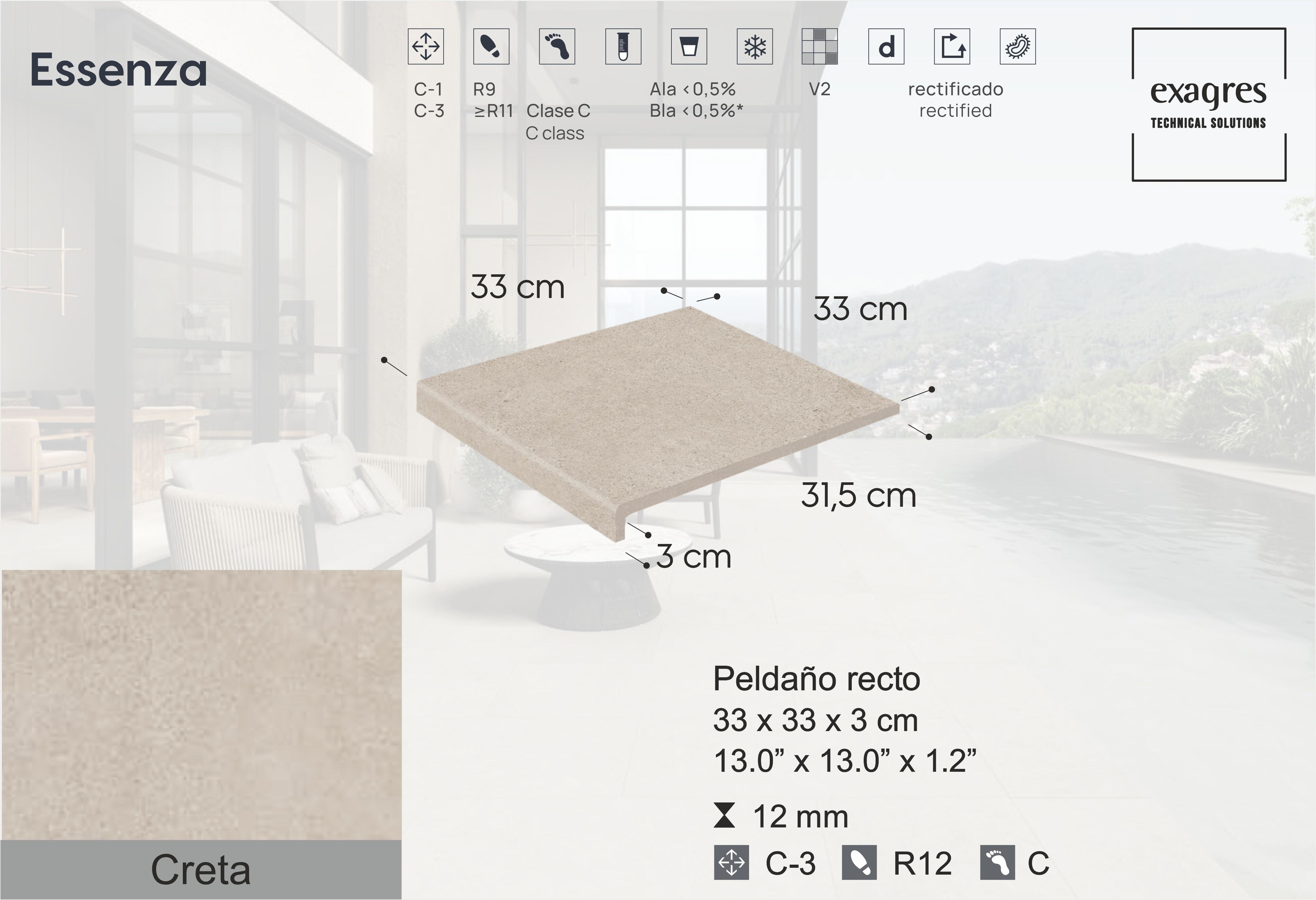 Ступень фронтальная Peldano Florentino Essenza Creta С3 33х33х1.3см антислип 4шт/уп Exagres купить в Санкт-Петербурге