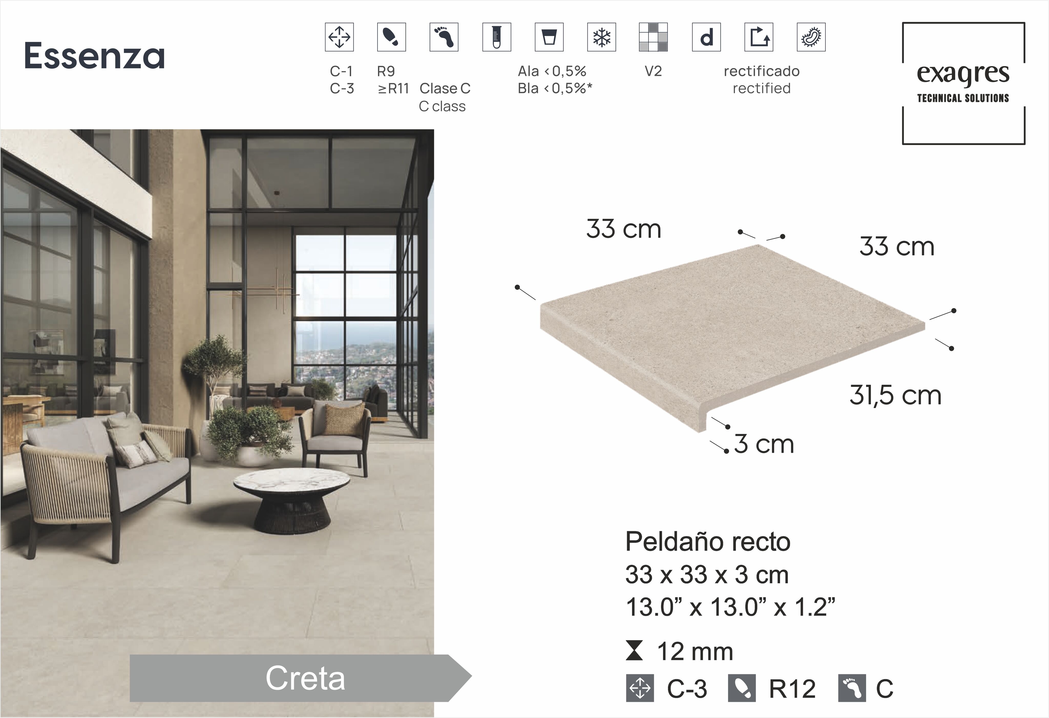 Ступень фронтальная Peldano Florentino Essenza Creta С3 33х33х1.3см антислип 4шт/уп Exagres купить в Санкт-Петербурге