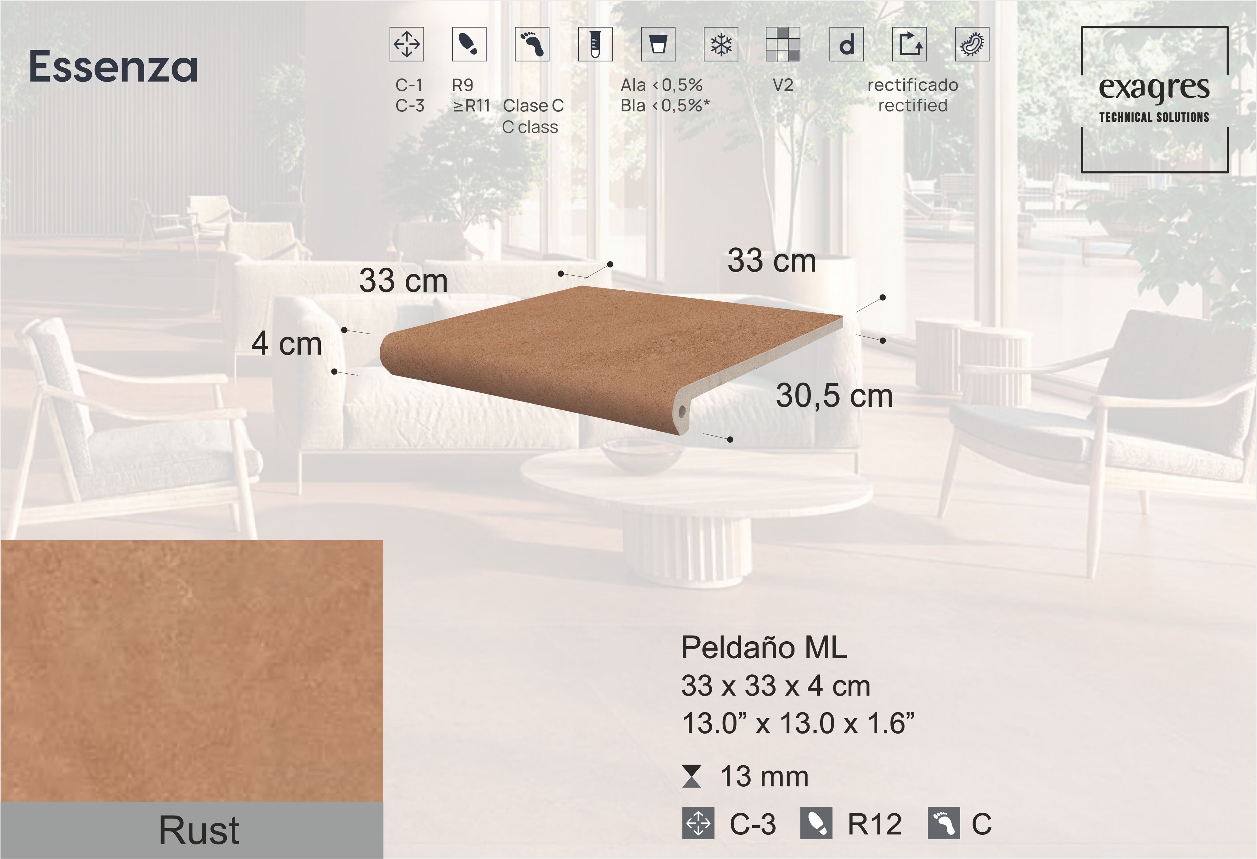 Ступень фронтальная Peldano Florentino Essenza Rust С3 33х33х1.3см антислип 4шт/уп Exagres купить в Санкт-Петербурге