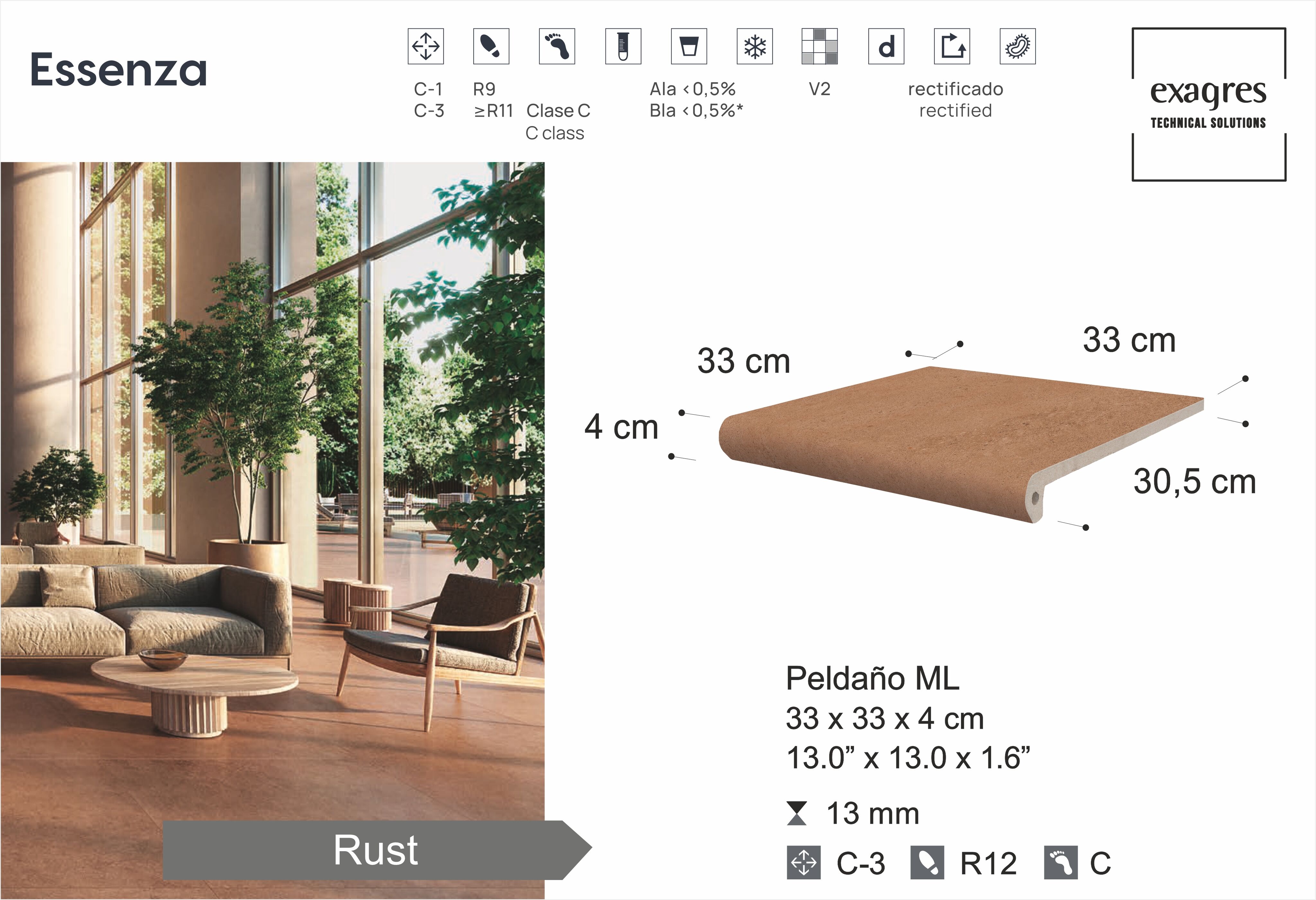 Ступень фронтальная Peldano Florentino Essenza Rust С3 33х33х1.3см антислип 4шт/уп Exagres купить в Санкт-Петербурге