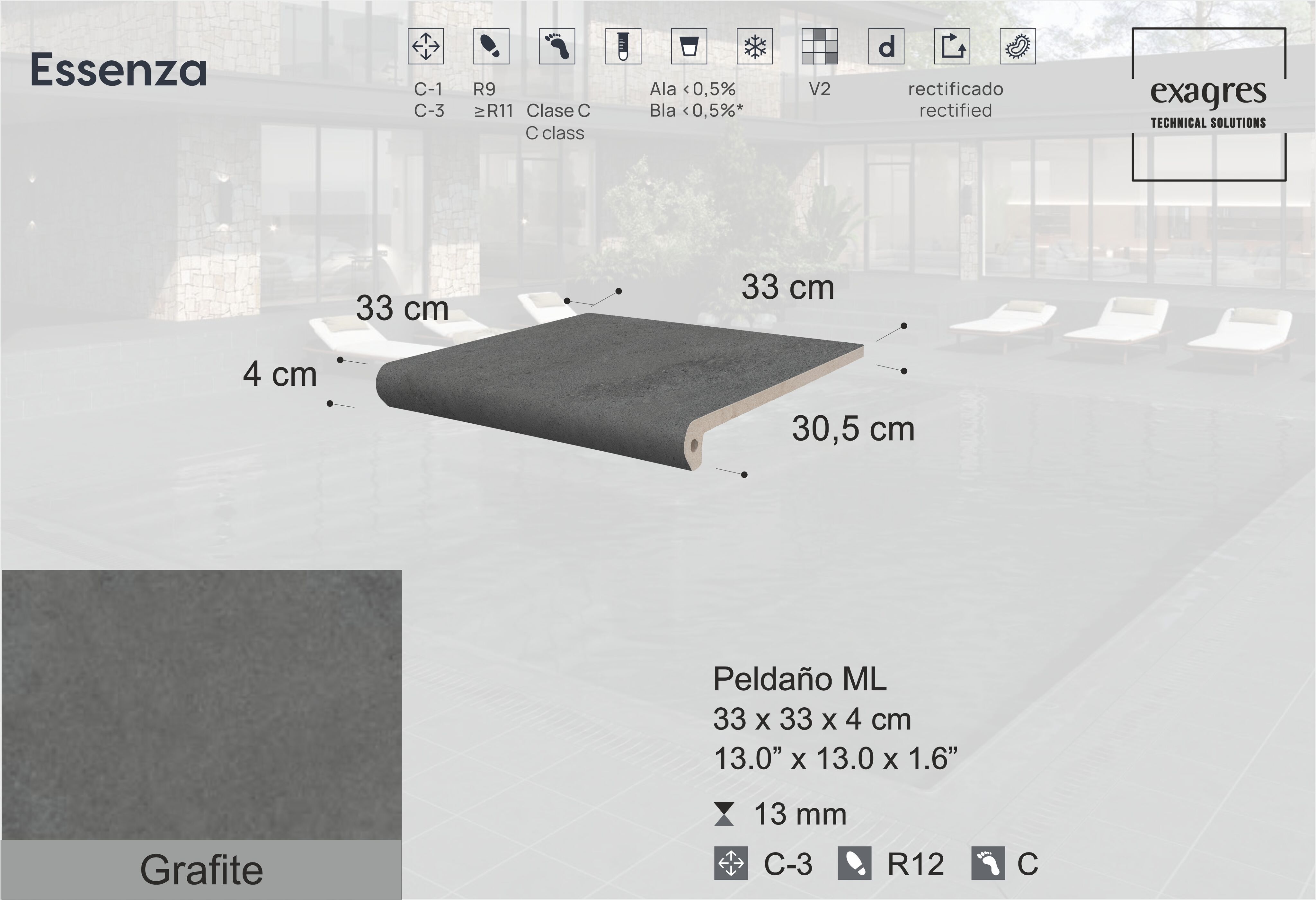 Ступень фронтальная Peldano Florentino Essenza Grafite С3 33х33х1.3см антислип 4шт/уп Exagres купить в Санкт-Петербурге