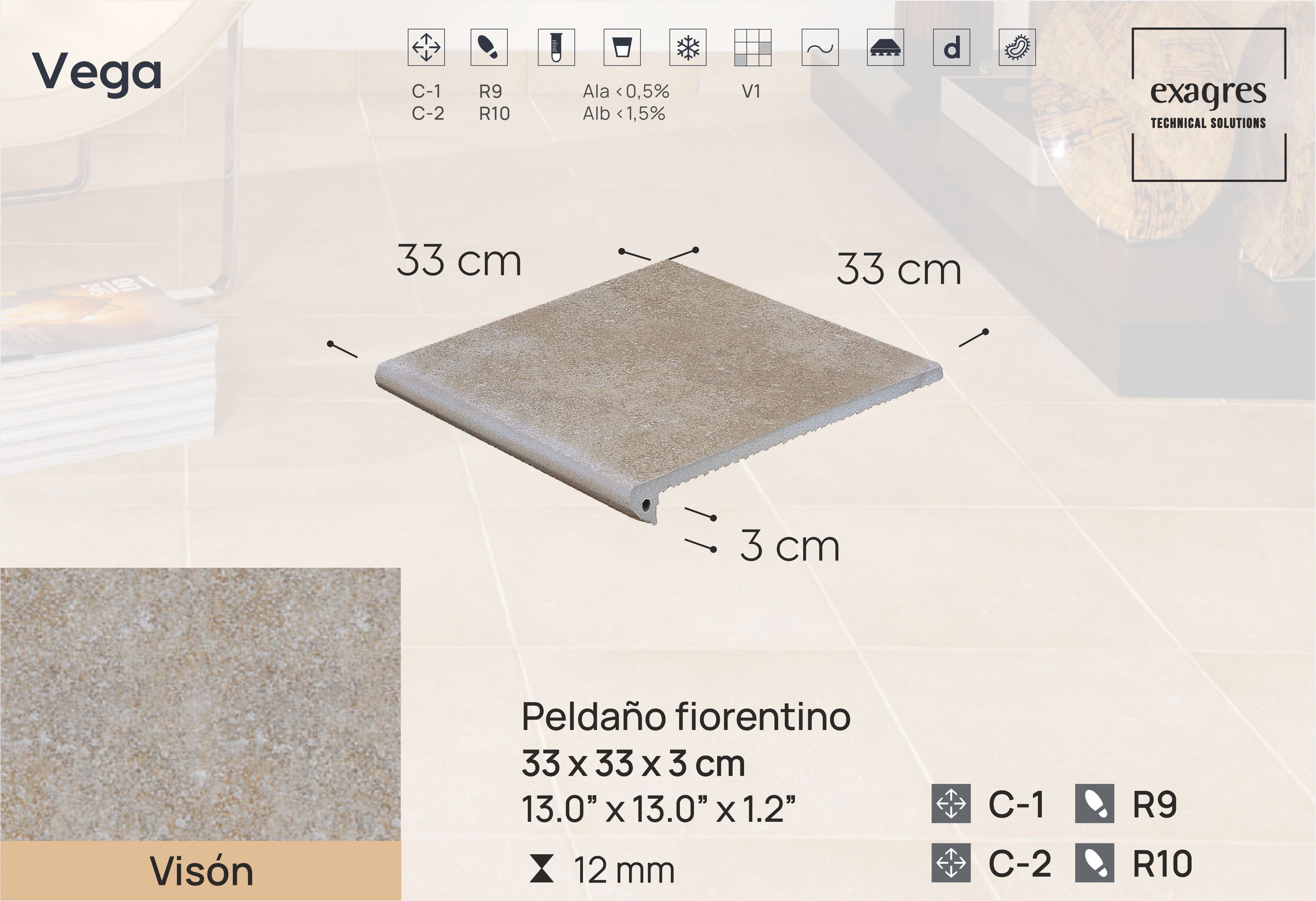 Ступень фронтальная Peldano Florentino Vega Vison 33х33х1.2 антислип Exagres купить в Санкт-Петербурге
