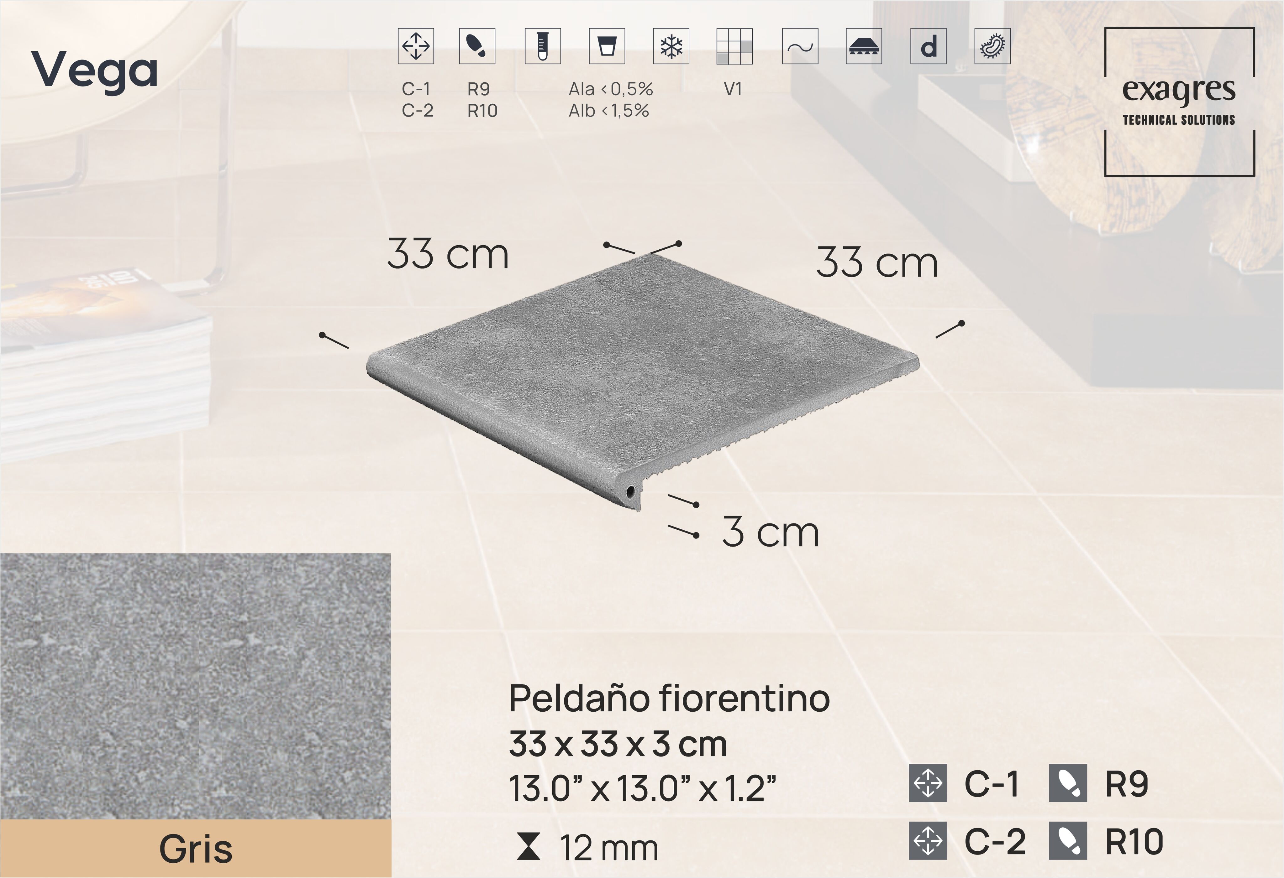 Ступень фронтальная Peldano Florentino Vega Gris 33х33х1.2 антислип Exagres купить в Санкт-Петербурге