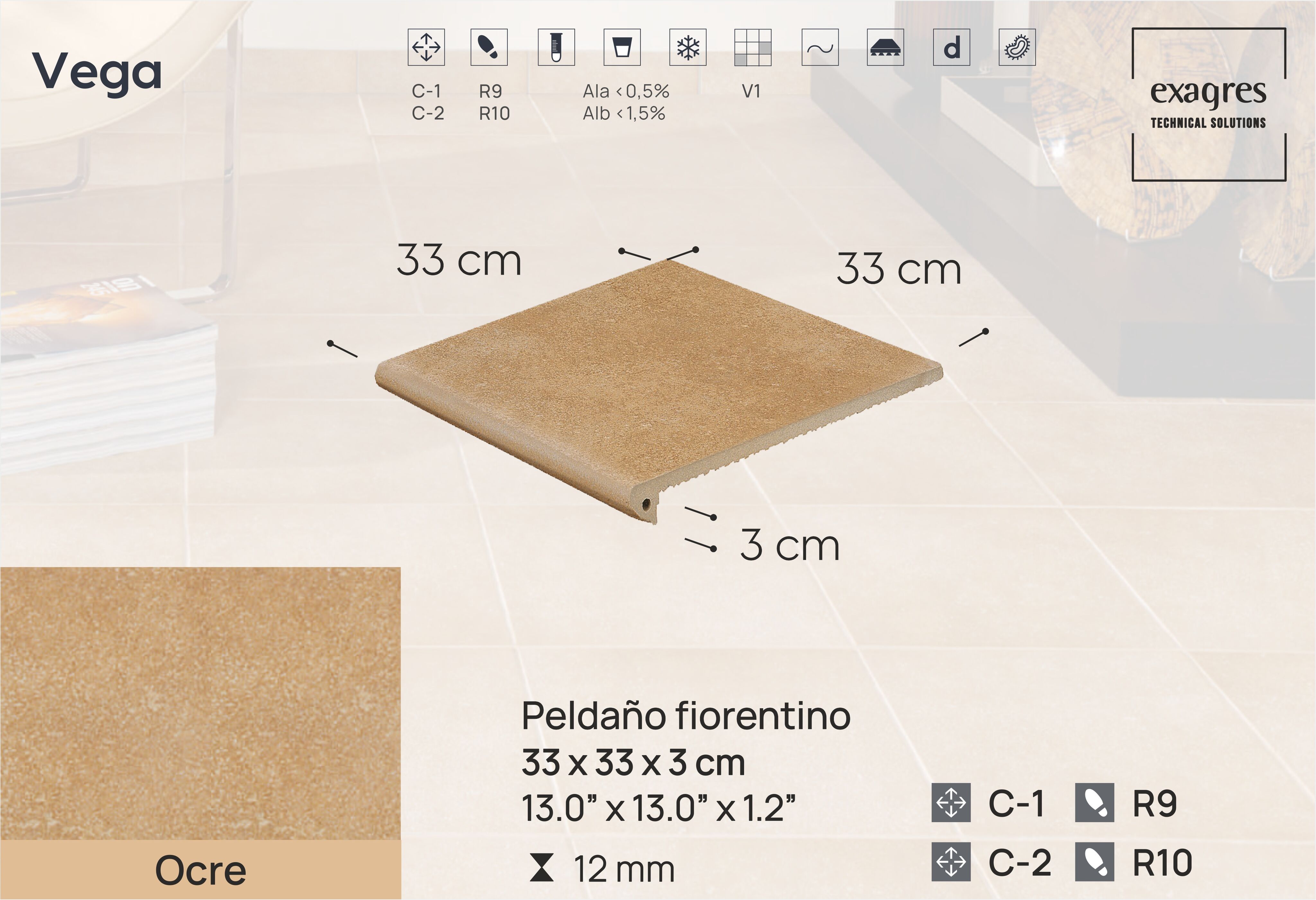 Ступень фронтальная Peldano Florentino Vega Ocre 33х33х1.2 антислип Exagres купить в Санкт-Петербурге