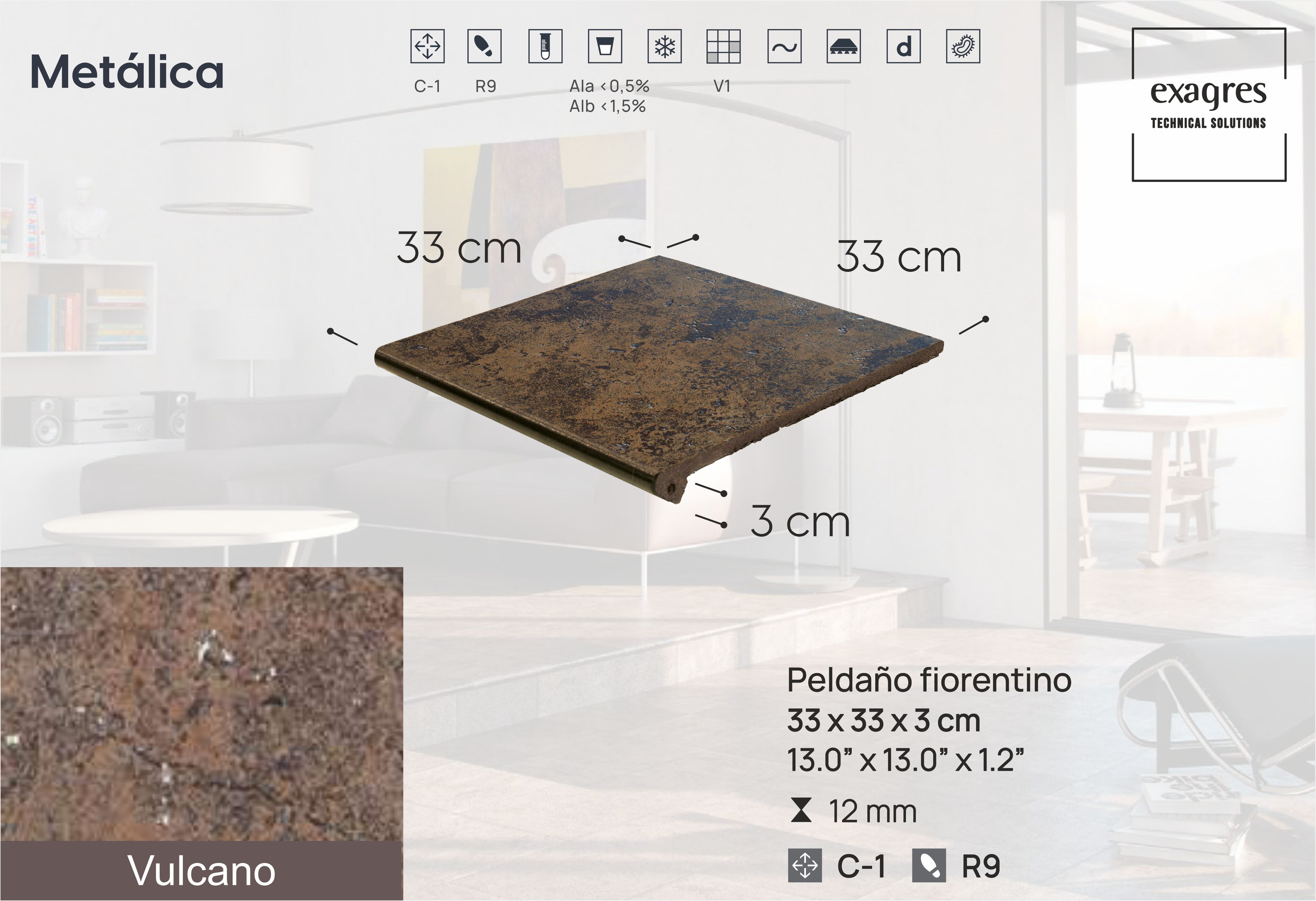 Ступень фронтальная Peldano Fiorentino Metalica Vulcano 33х33х1.2 матовый 4шт/упак Exagres купить в Санкт-Петербурге
