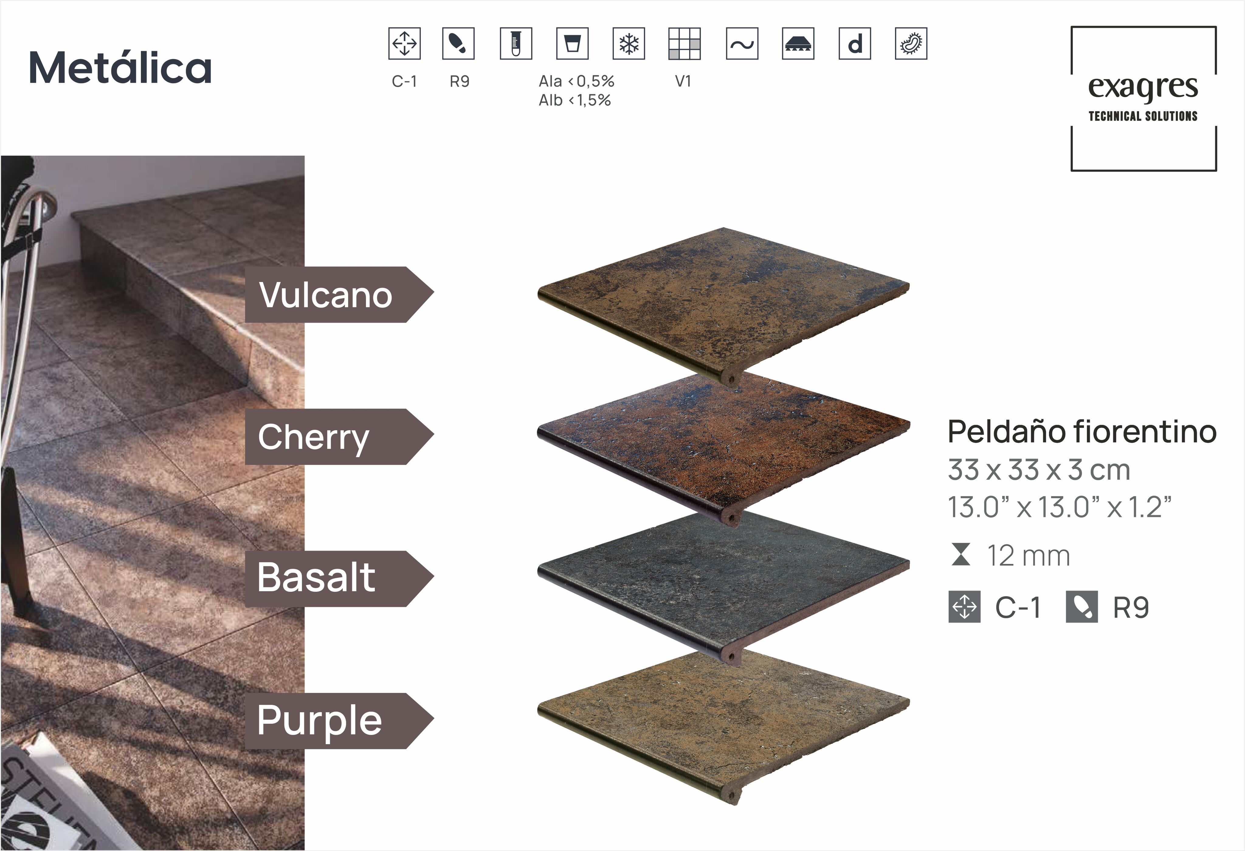 Ступень фронтальная Peldano Fiorentino Metalica Vulcano 33х33х1.2 матовый 4шт/упак Exagres купить в Санкт-Петербурге