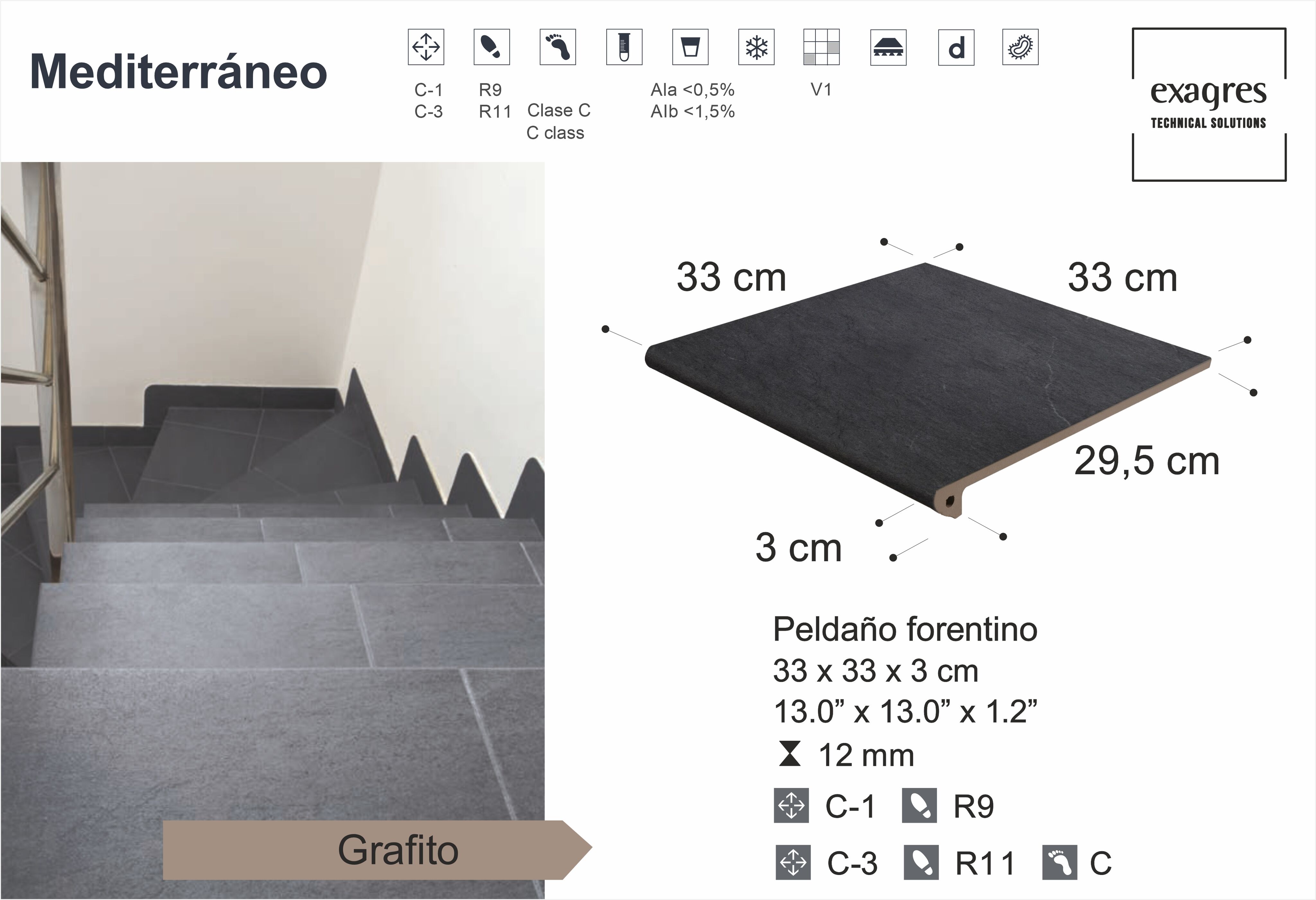 Ступень фронтальная Peldano Florentino Mediterraneo Grafito 33х33х1.2 антислип Exagres купить в Санкт-Петербурге