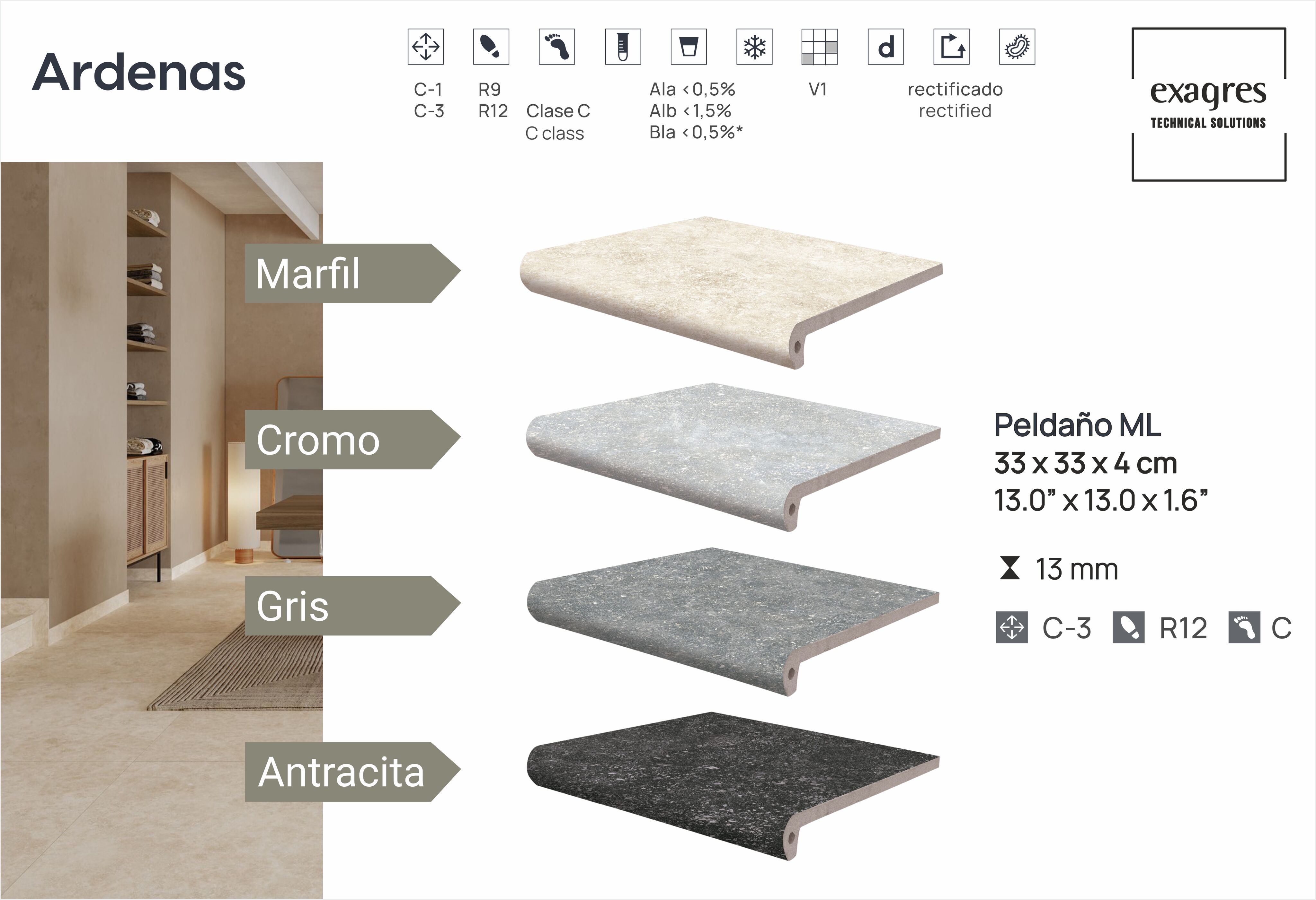 Ступень фронтальная Peldano Fiorentino Ardenas Marfil 33х33х1.3 антислип 4шт/упак Exagres купить в Санкт-Петербурге