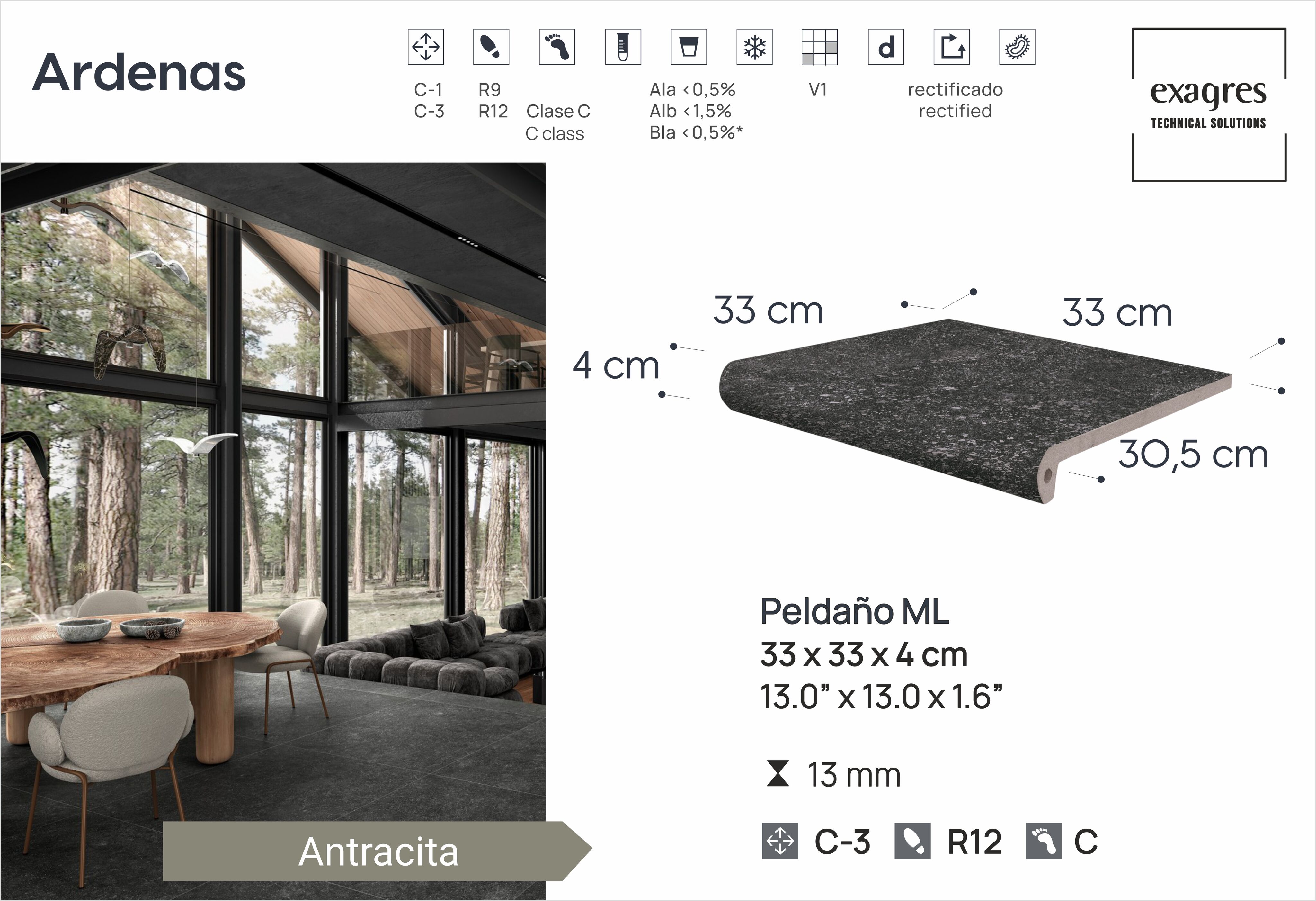 Ступень фронтальная Peldano Fiorentino Ardenas Antracita 33х33х1.3 антислип 4шт/упак Exagres купить в Санкт-Петербурге