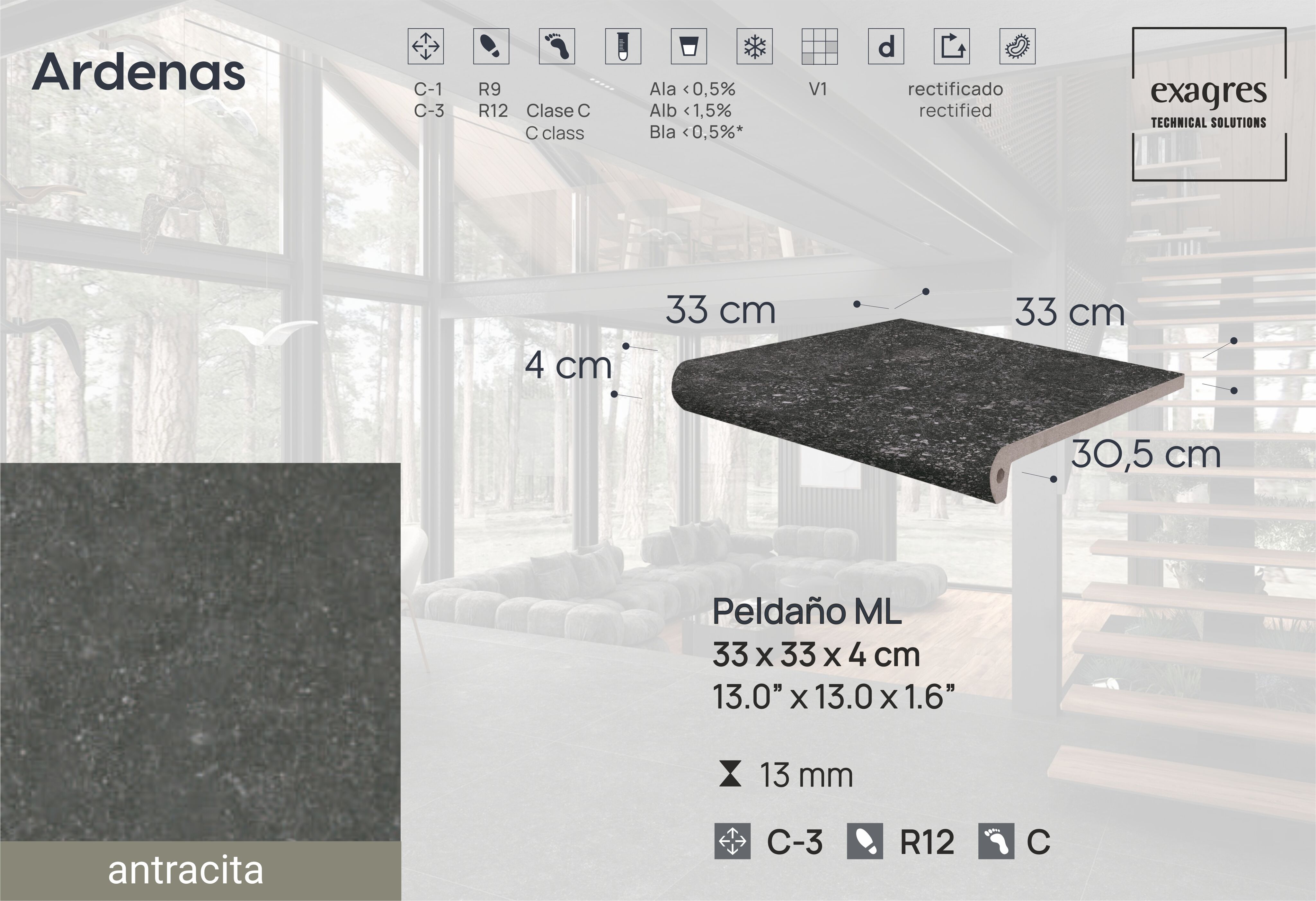 Ступень фронтальная Peldano Fiorentino Ardenas Antracita 33х33х1.3 антислип 4шт/упак Exagres купить в Санкт-Петербурге
