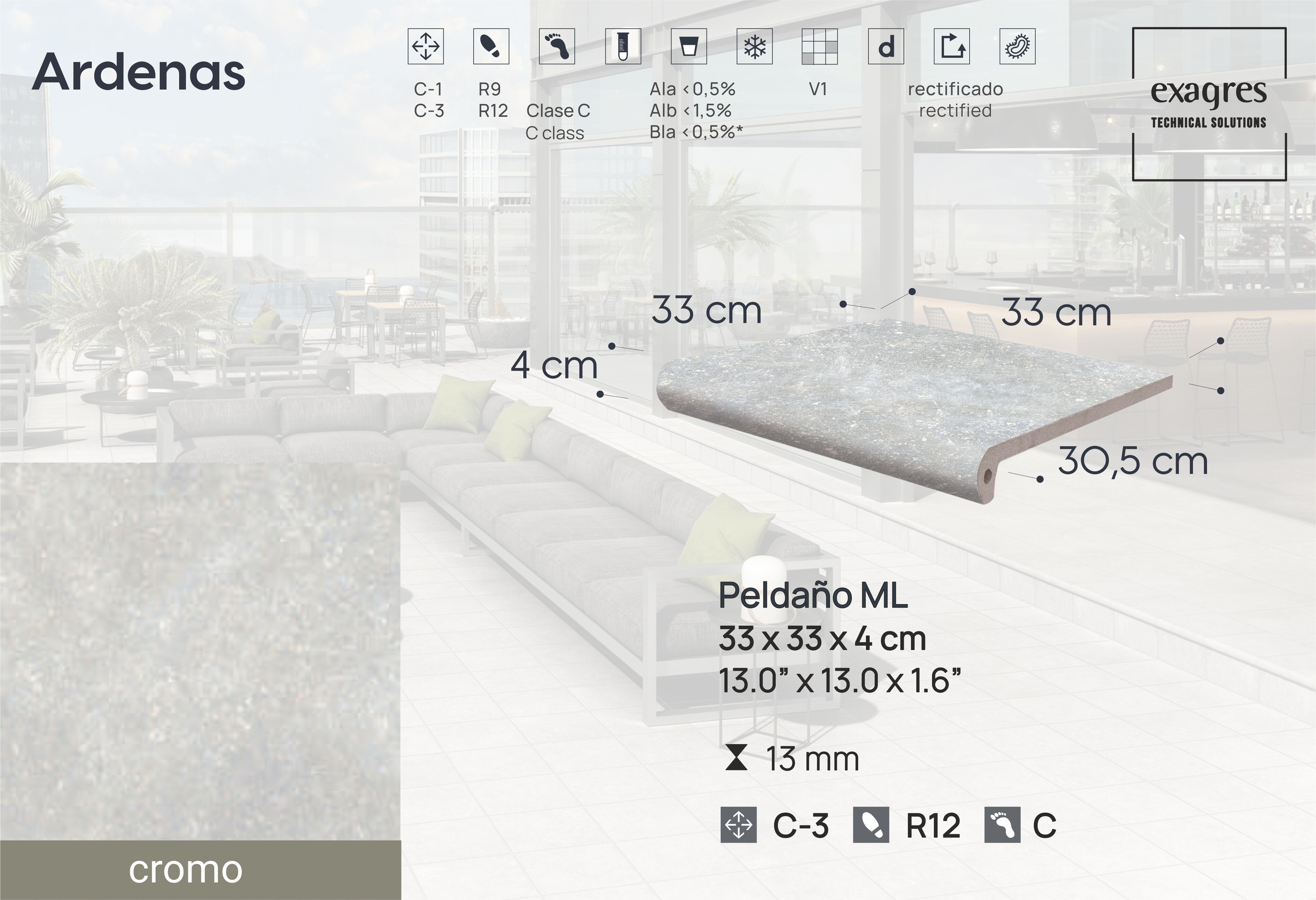 Ступень фронтальная Peldano Fiorentino Ardenas Cromo 33х33х1.3 антислип 4шт/упак Exagres купить в Санкт-Петербурге