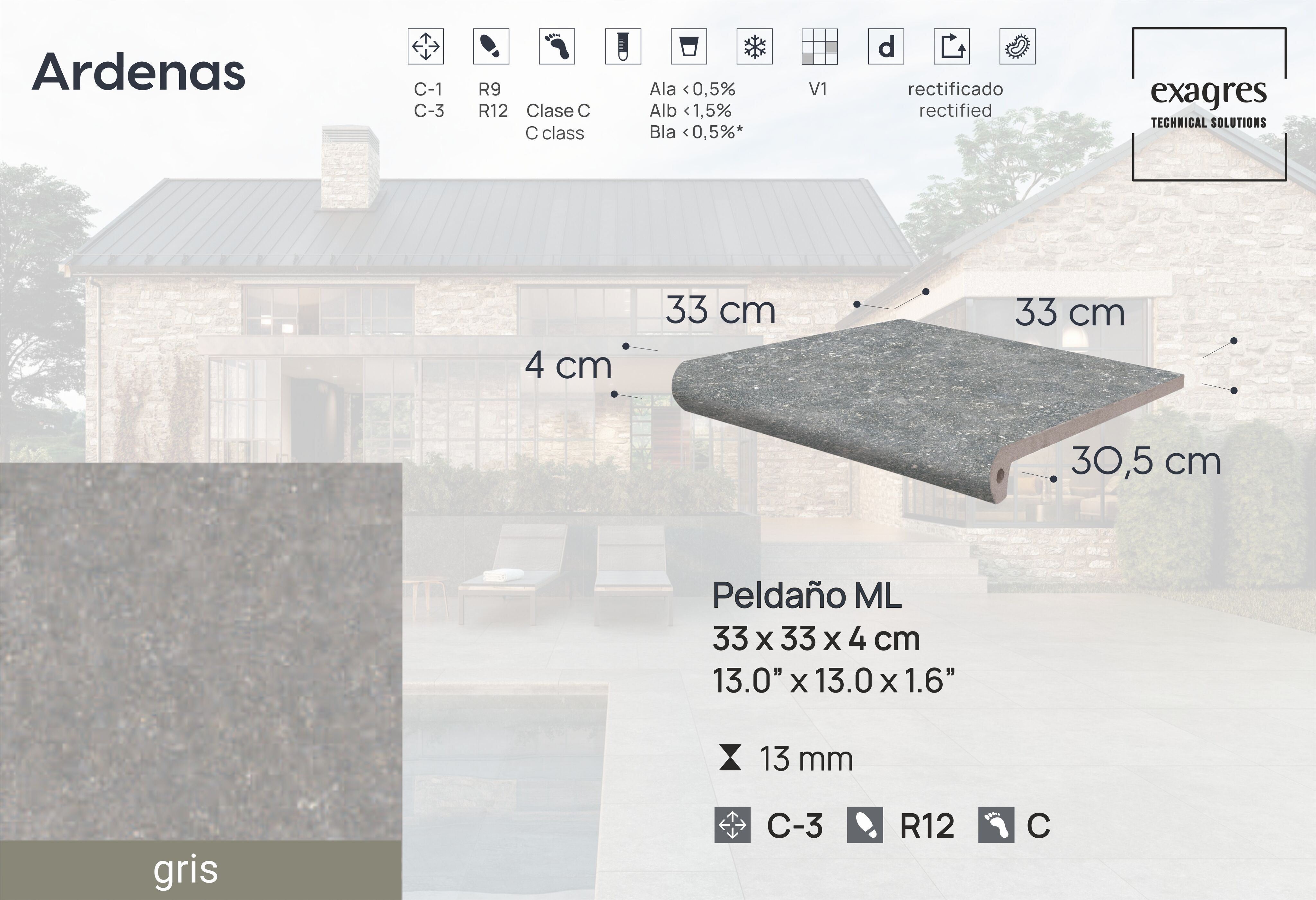 Ступень фронтальная Peldano Fiorentino Ardenas Gris 33х33х1.3 антислип 4шт/упак Exagres купить в Санкт-Петербурге