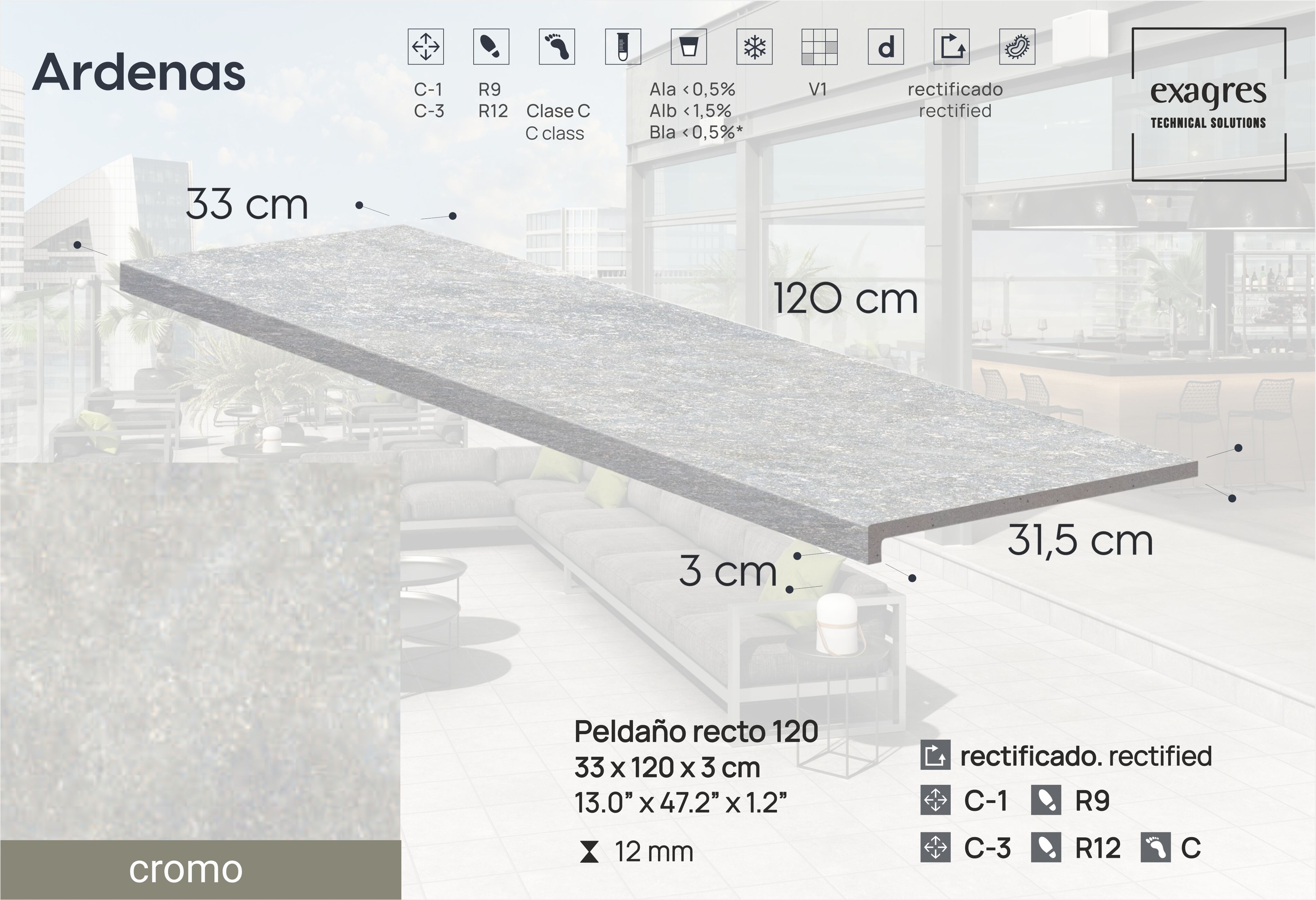 Ступень фронтальная Peldano Recto Ardenas Cromo R12 33х120х1.2 антислип 2шт/упак Exagres купить в Санкт-Петербурге