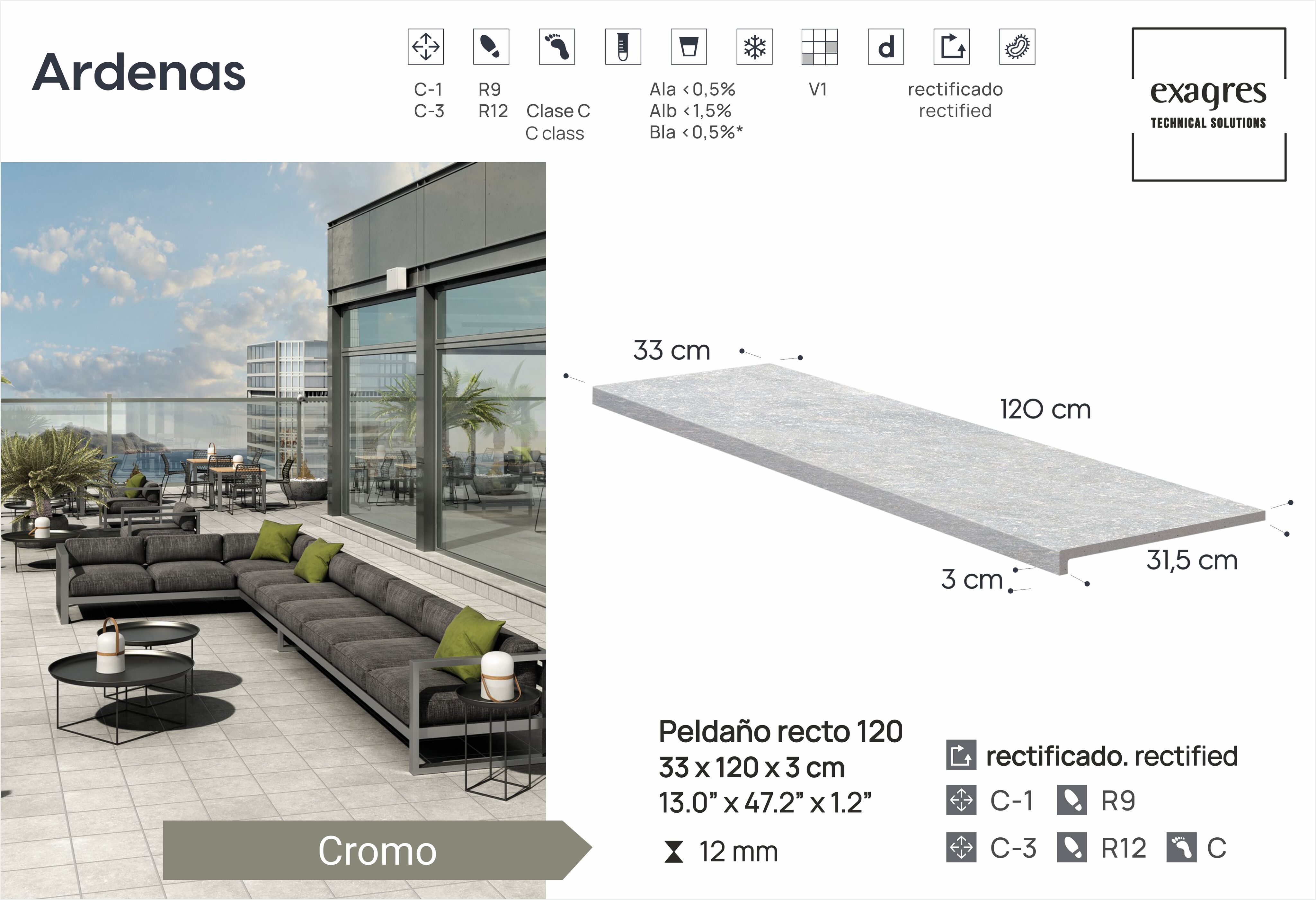 Ступень фронтальная Peldano Recto Ardenas Cromo R12 33х120х1.2 антислип 2шт/упак Exagres купить в Санкт-Петербурге