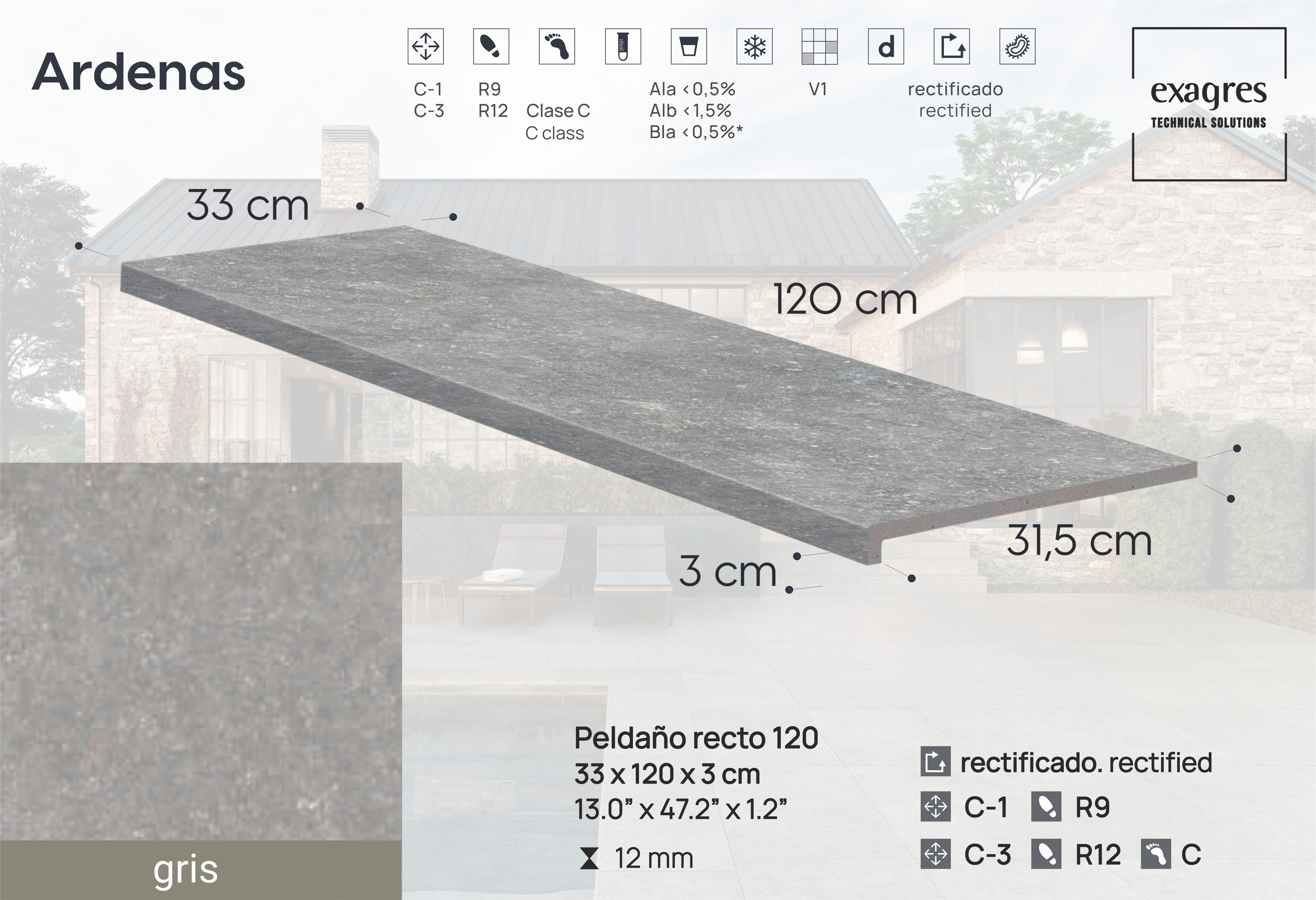 Ступень фронтальная Peldano Recto Ardenas Gris R12 33х120х1.2 антислип 2шт/упак Exagres купить в Санкт-Петербурге