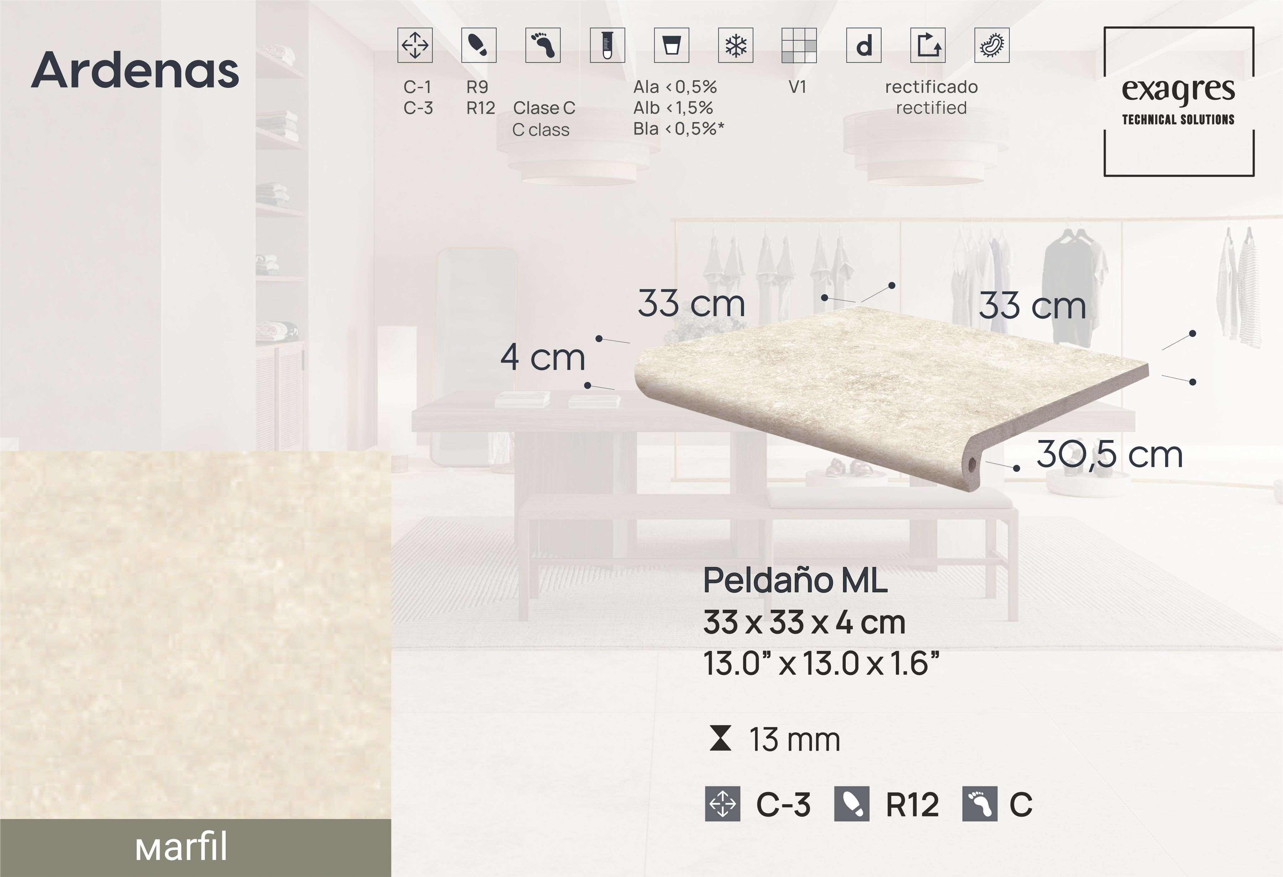 Ступень фронтальная Peldano Fiorentino Ardenas Marfil 33х33х1.3 антислип 4шт/упак Exagres купить в Санкт-Петербурге