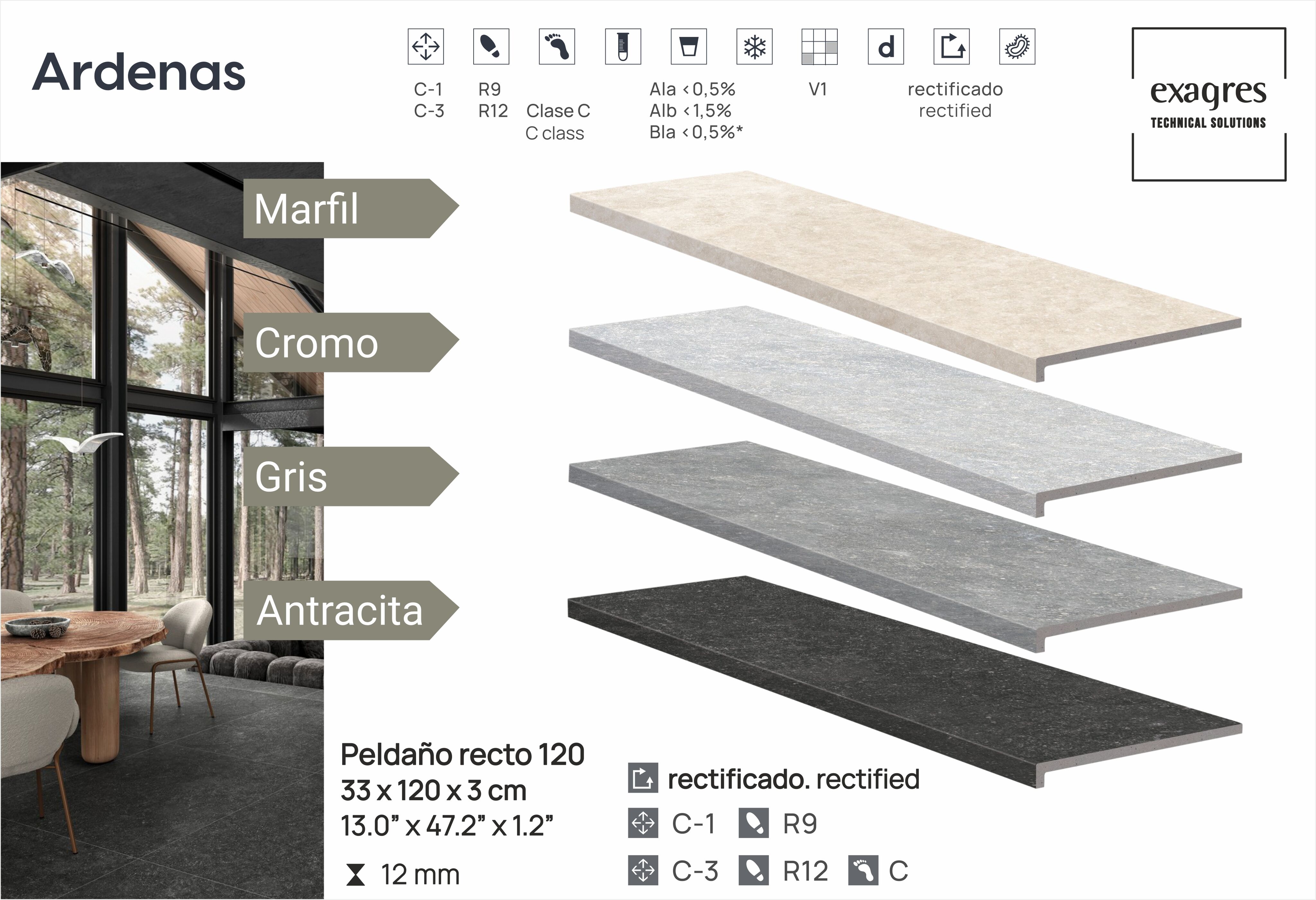 Ступень фронтальная Peldano Recto Ardenas Gris R12 33х120х1.2 антислип 2шт/упак Exagres купить в Санкт-Петербурге