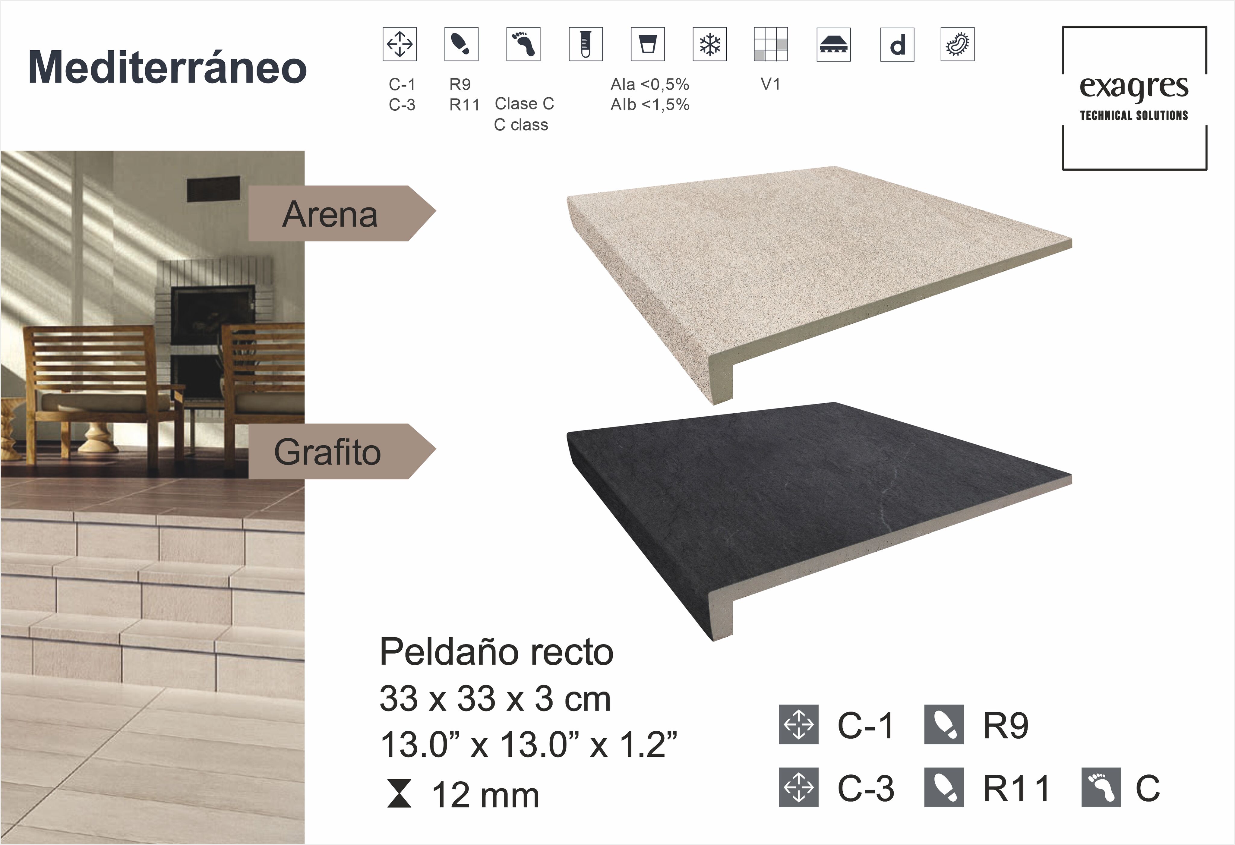 Ступень фронтальная Peldano Recto Mediterraneo Grafito 33х33х1.2 антислип 4шт/упак Exagres купить в Санкт-Петербурге