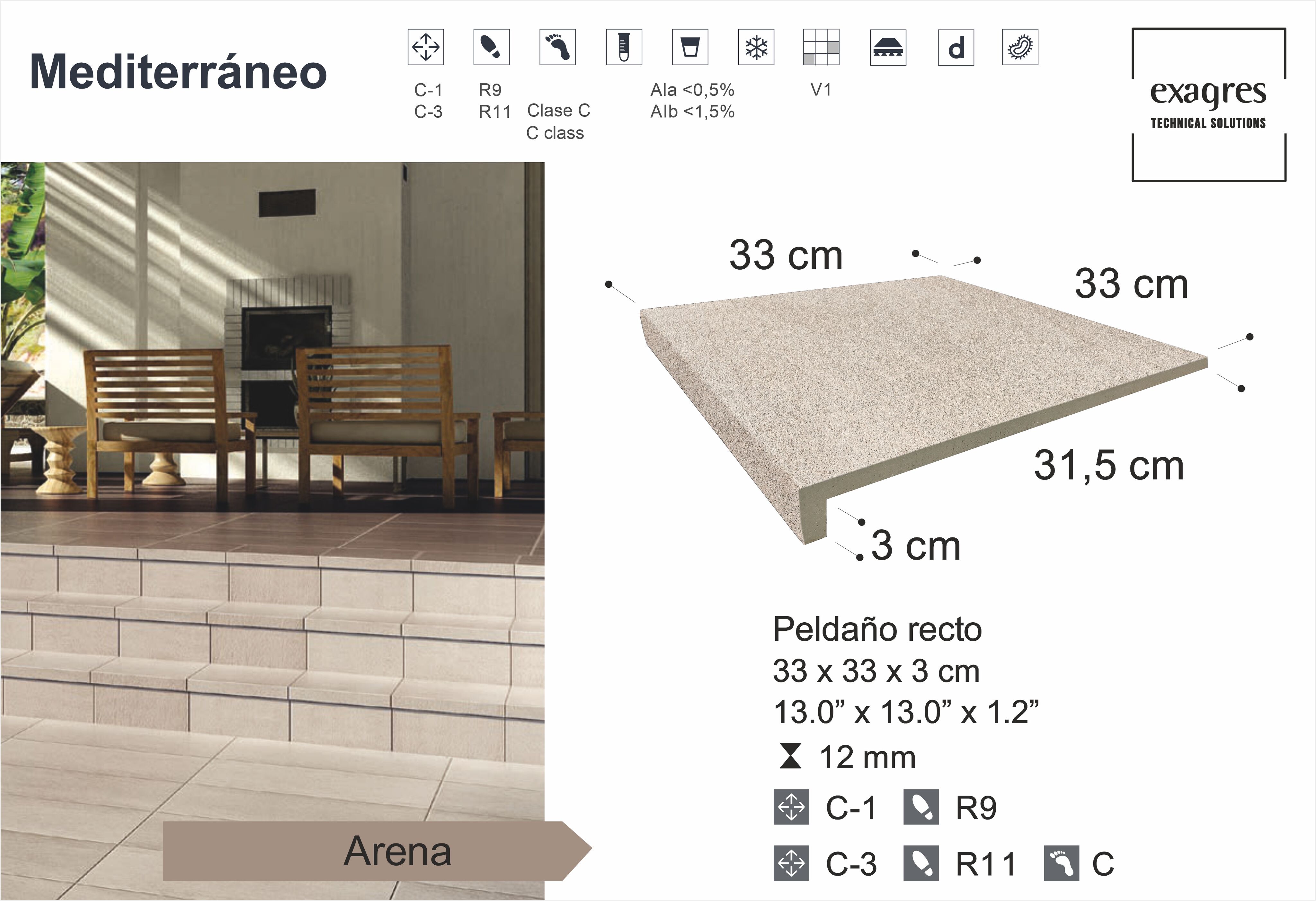 Ступень фронтальная Peldano Recto Mediterraneo Arena 33х33х1.2 антислип 4шт/упак Exagres купить в Санкт-Петербурге