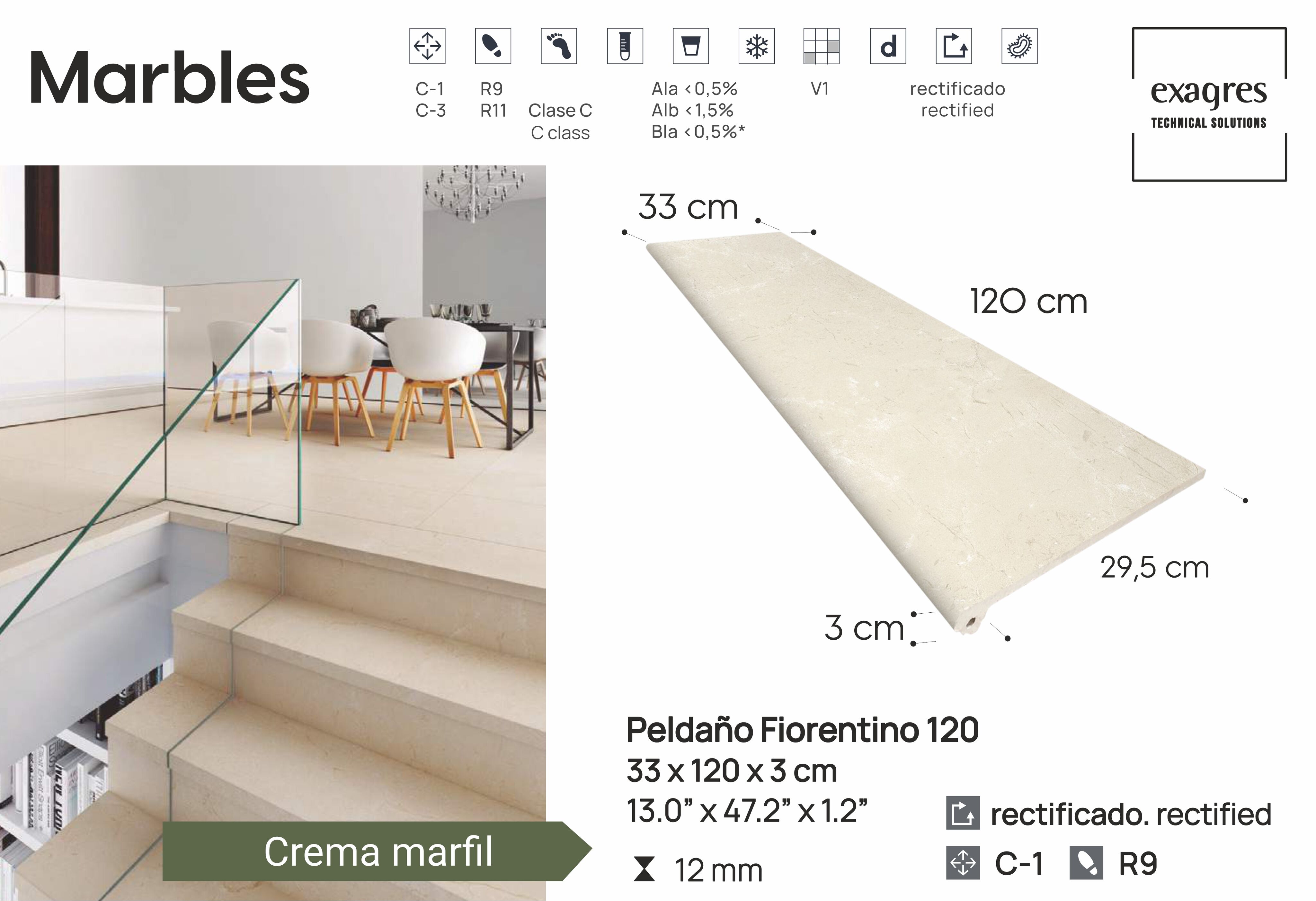 Ступень фронтальная Peldano Florentino Marbles Crema Marfil 33х120х1.2 матовая Exagres купить в Санкт-Петербурге