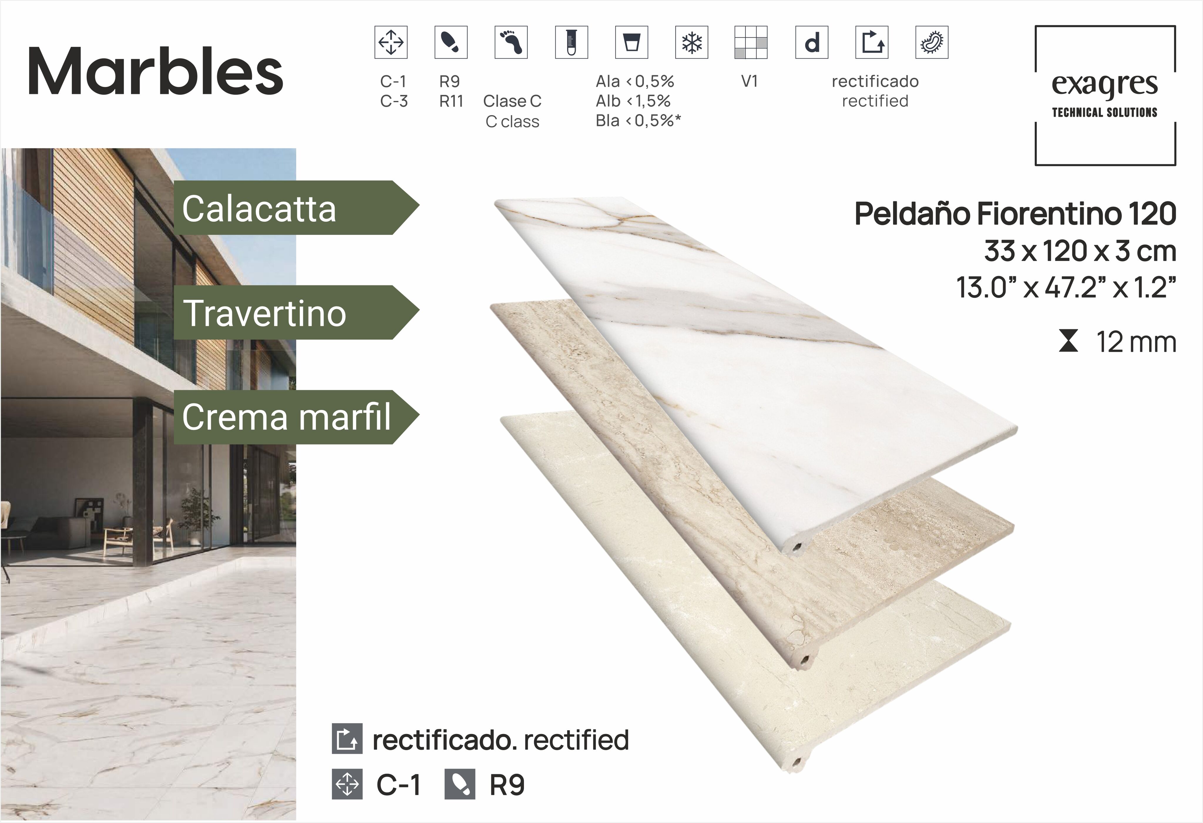 Ступень фронтальная Peldano Florentino Marbles Crema Marfil 33х120х1.2 матовая Exagres купить в Санкт-Петербурге