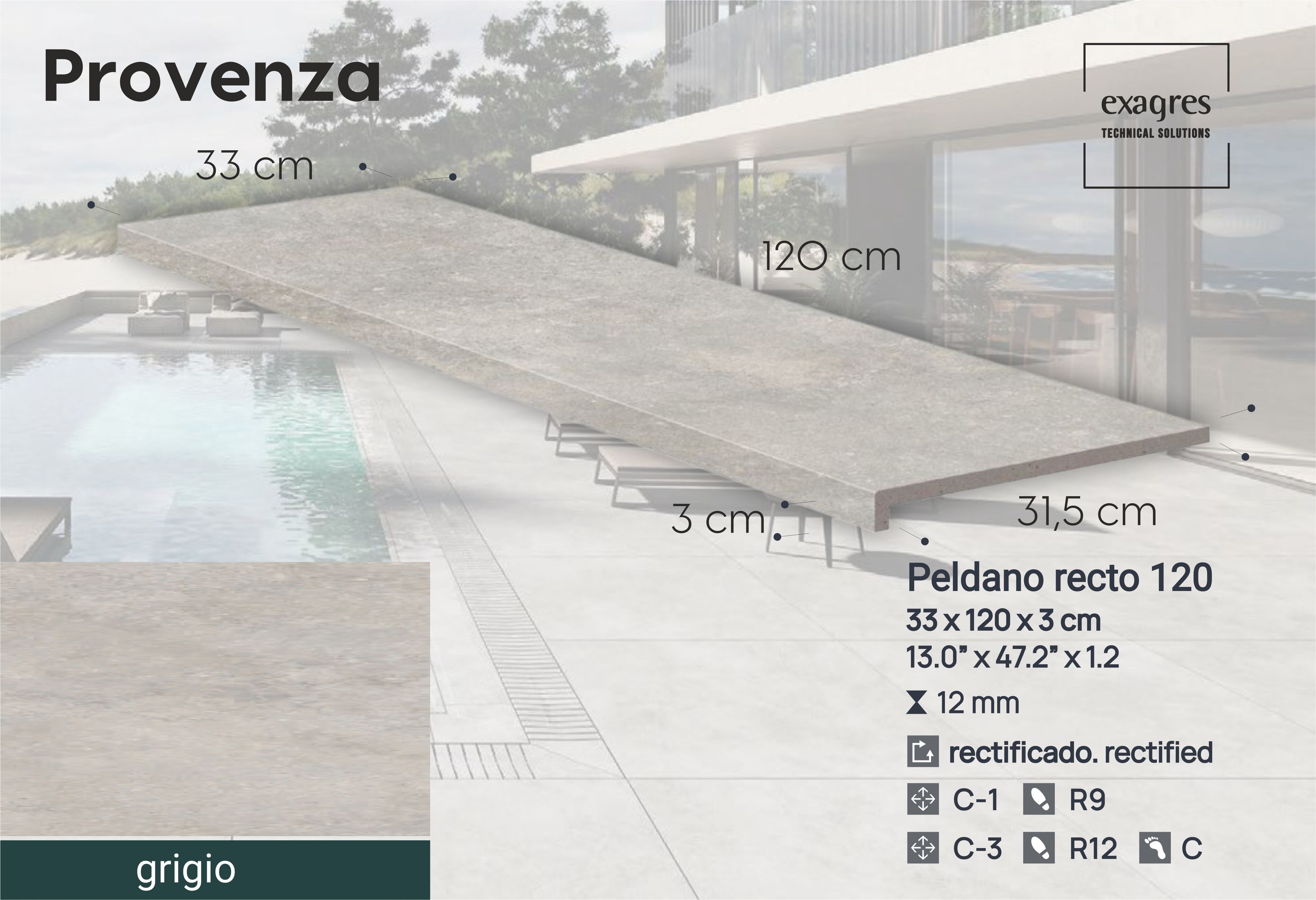 Ступень фронтальная Peldano Recto Provenza Grigio R12 33х120х1.2 антислип 2шт/упак Exagres купить в Санкт-Петербурге